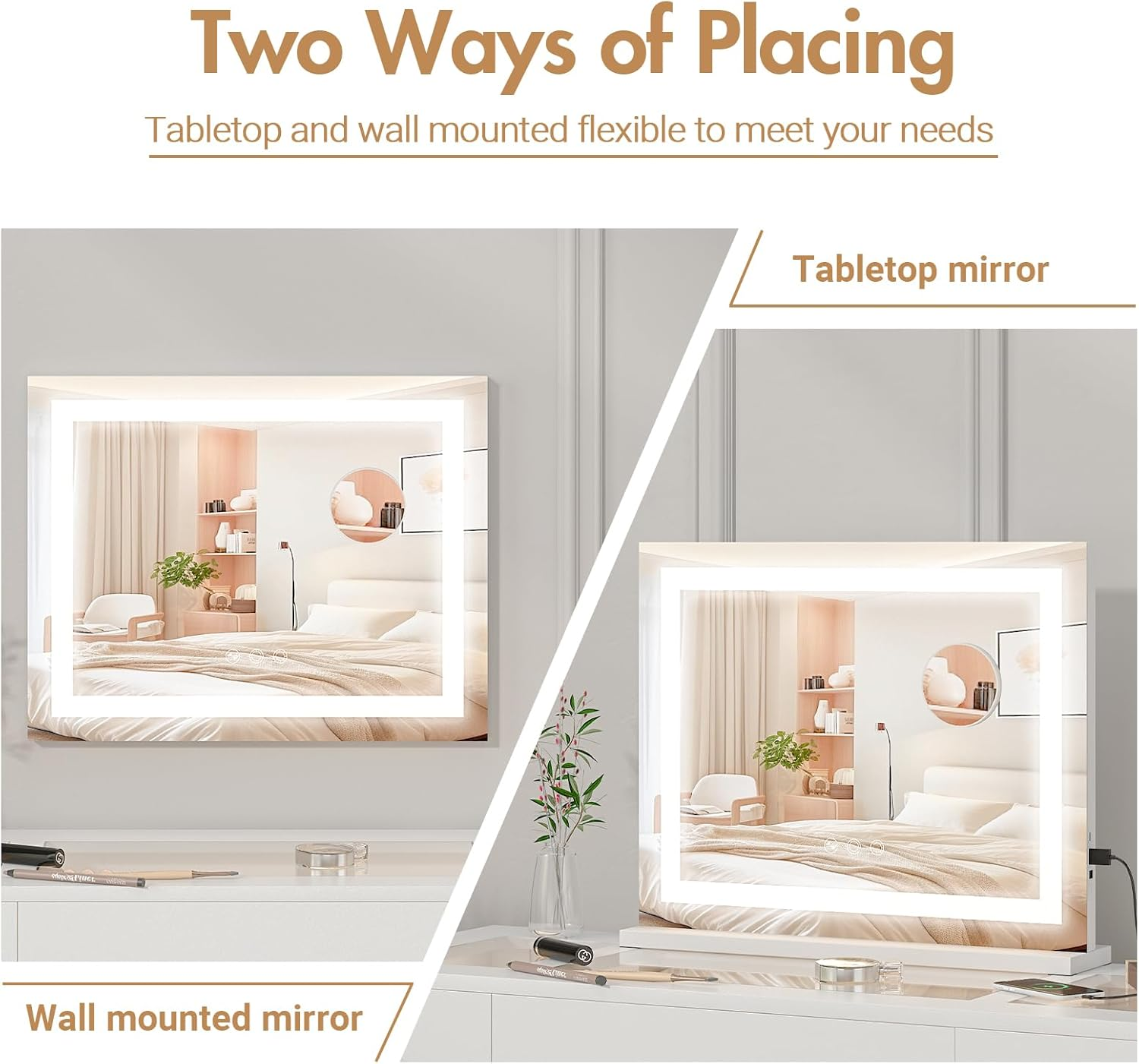 Advwin Lighted Vanity Mirror, 3-Color Dimmable LED & Touch Control - Large Makeup Mirror for Dressing Room with 5X Magnification Mirror Tabletop or Wall-Mounted, White