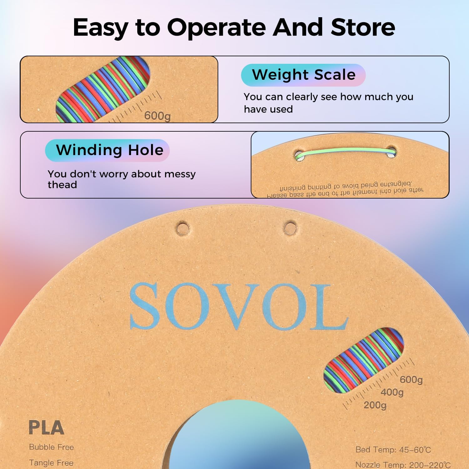 Sovol Matte PLA Filament Rotated Tri Color Co-Extrusion 1.75Mm, Fast Change 3D Printer Filament 1Kg/ 2.2Lbs, Matte Red Green Blue 3 in 1 Coextrusion PLA Material +/-0.03Mm image number 4