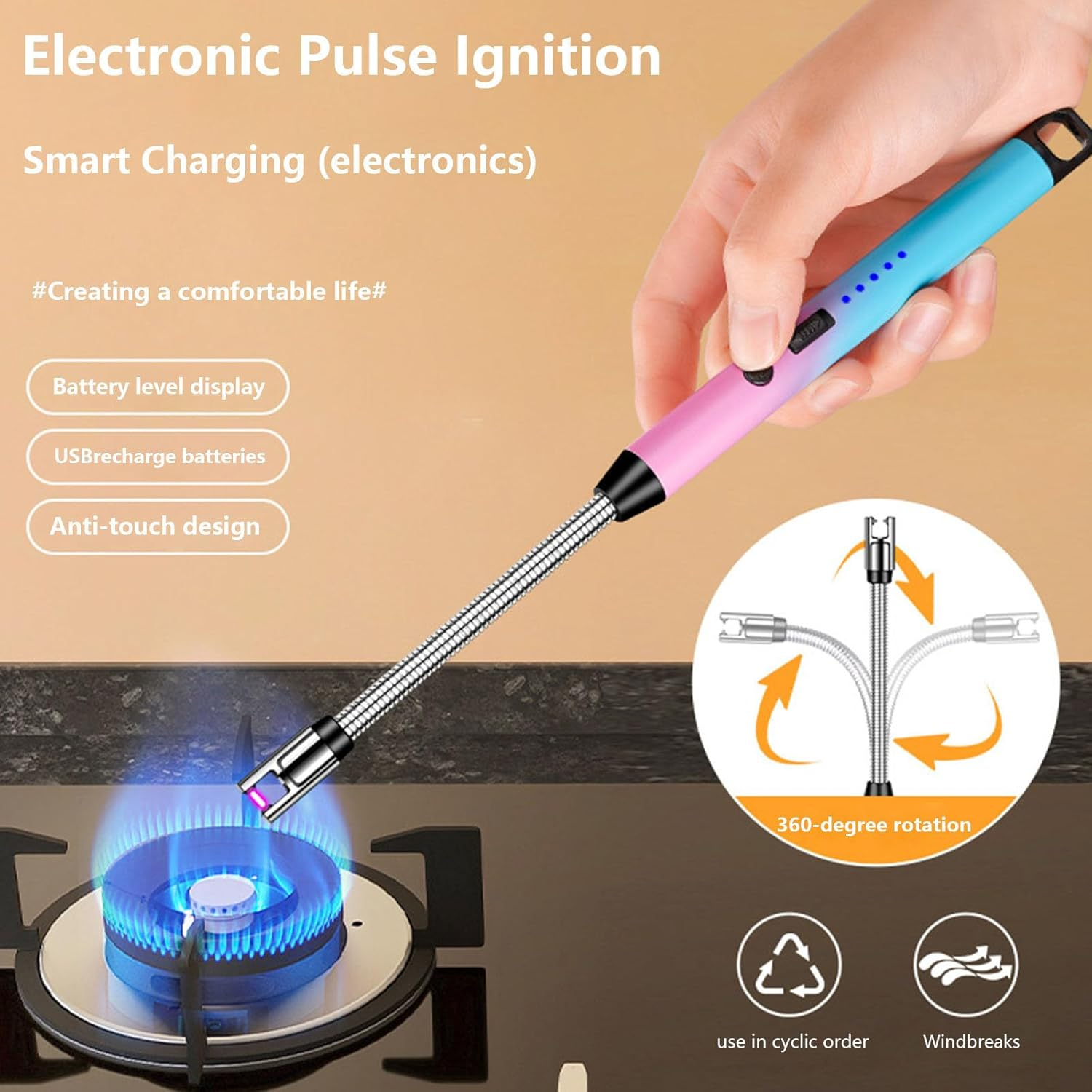 Electric Arc Lighter,Candle Lighter USB Rechargeable with 360&deg; Rotating Flexible Neck Flameless Windproof Lighters for Home Kitchen Cooking Outdoor BBQ Camping Stove (Pink Blue Gradient Color) image number 3