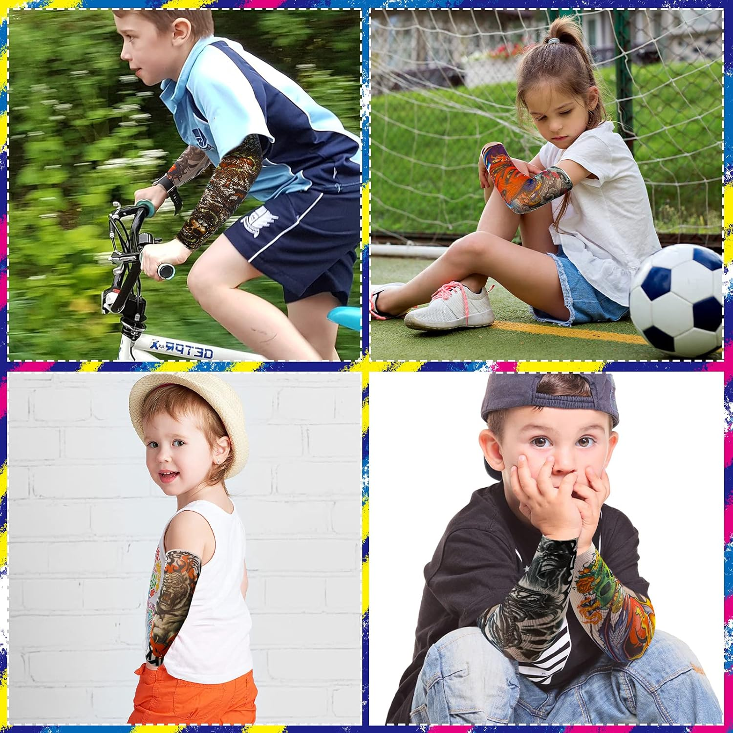 Hicarer 12 Pieces Tattoo Arm Sleeves for Kids Temporary Kids Tattoo Sleeve UV Sun Protection Kids Arm Sleeves image number 6