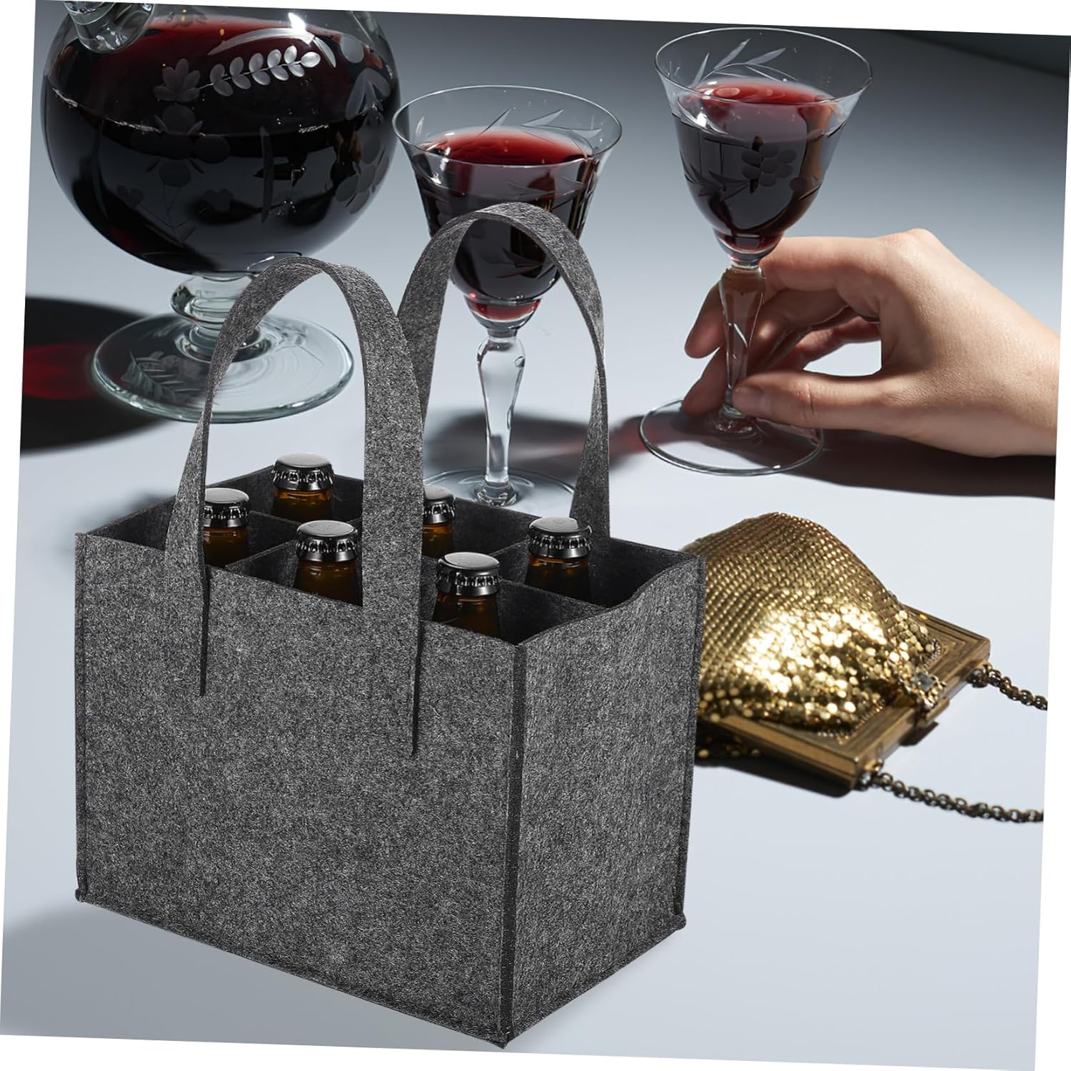 HYTROVE Reusable Felt Wine Tote Bag with Divider for 6 Bottles Medium Grey Felt Bottle Handbag Wine Storage Carrier for Travel and Set of 4
