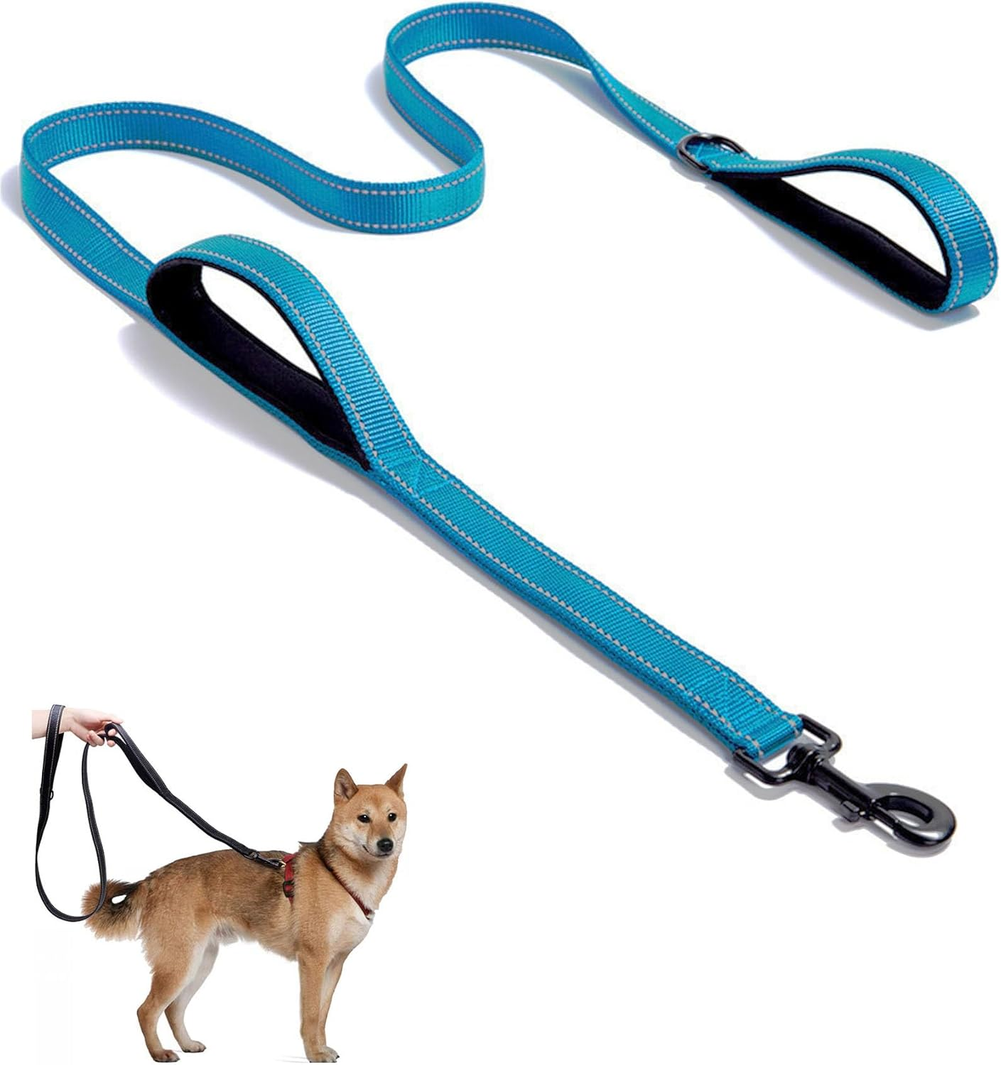 Aeclleca Soft Handle Reflective Black Dog Leash with 2 Padded Handles, 5FT Heavy Duty Pet Lead for Medium & Large Dogs, Comfortable Anti-Slip Grip & Night Safety Design (Sky Blue) - Black image number 6