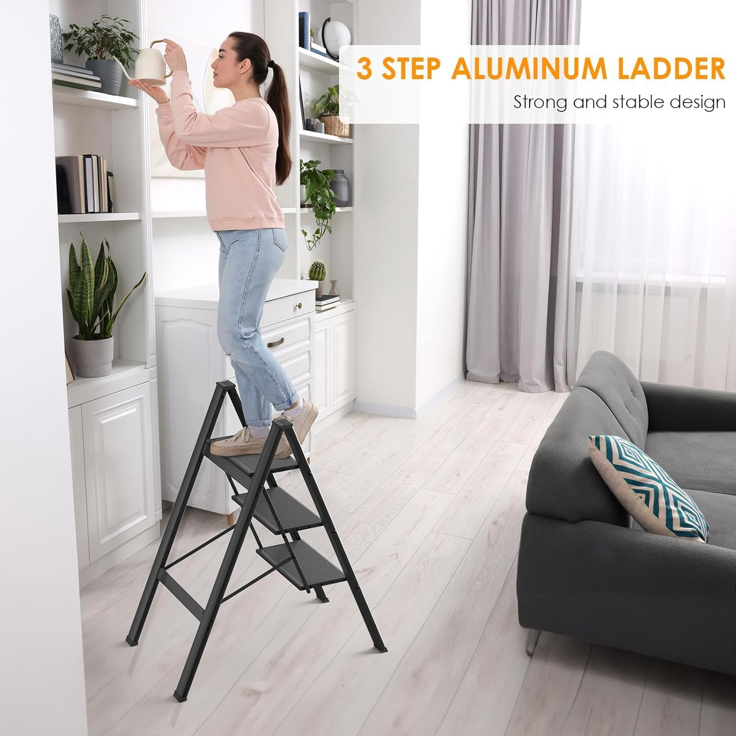 HOMIEST 3 Step Ladder, Folding Step Stool with Wide Anti-Slip Pedals, Aluminum Portable Lightweight Ladder for Home, Kitchen, Office, Sturdy Temporary Storage Shelf Rack, Max Capacity 330Lbs, Black image number 6