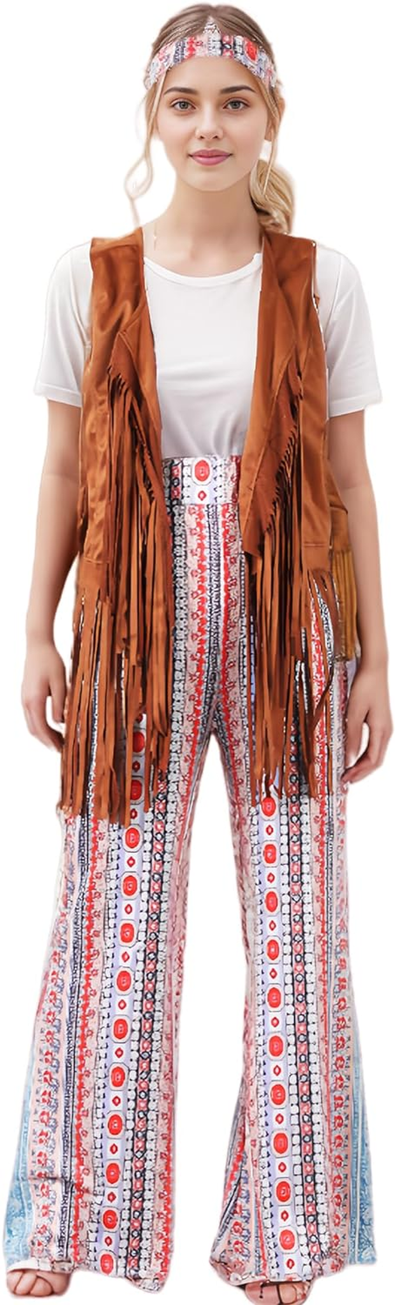Halloween Hippie Costumes with Pants 60S 70S 80S Women Costume Adult Christmas Party Costume with All Accessories image number 4