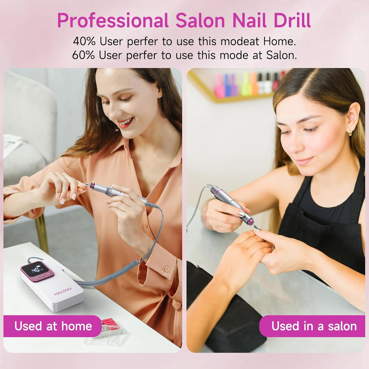 HALMAI Electric Nail Drill Professional, Portable Nail File for Acrylic Gel Nails, Cordless Rechargeable Ultra Power Nail Drill Kit 40000RPM, HMC320 Salon-Grade Efile Nail Machine(White) image number 6