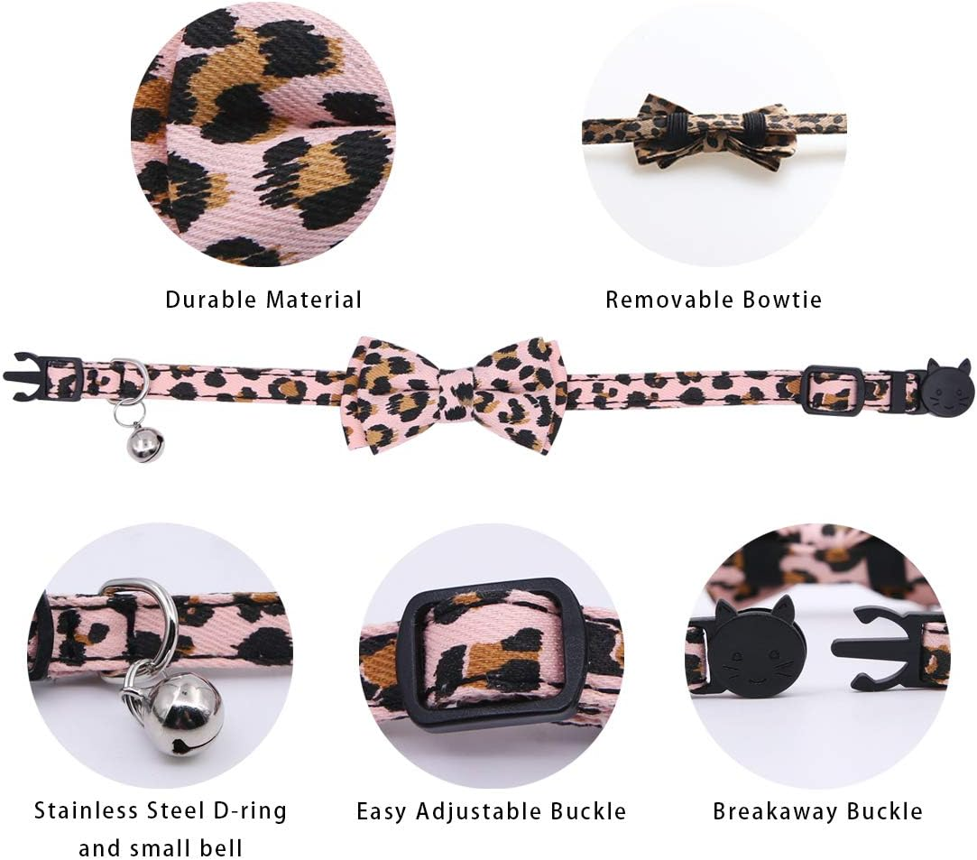 Boerni 3 Pack Cat Collars, Cute Kitten Collars, Pet Bow Tie, Leopard Print, Adjustable, Anti-Loss Bell, 20-23Cm, Pink image number 2