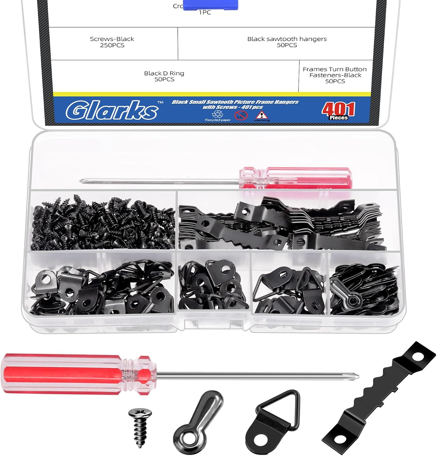Glarks 401Pcs Silver Picture Hanging Kit, Include 50Pcs Sawtooth Picture Frame Hangers, 50Pcs Frame Turn Buttons, 50Pcs D Ring Picture Hangers, 250Pcs Screws and 1Pcs Screwdriver for Hanging Photo