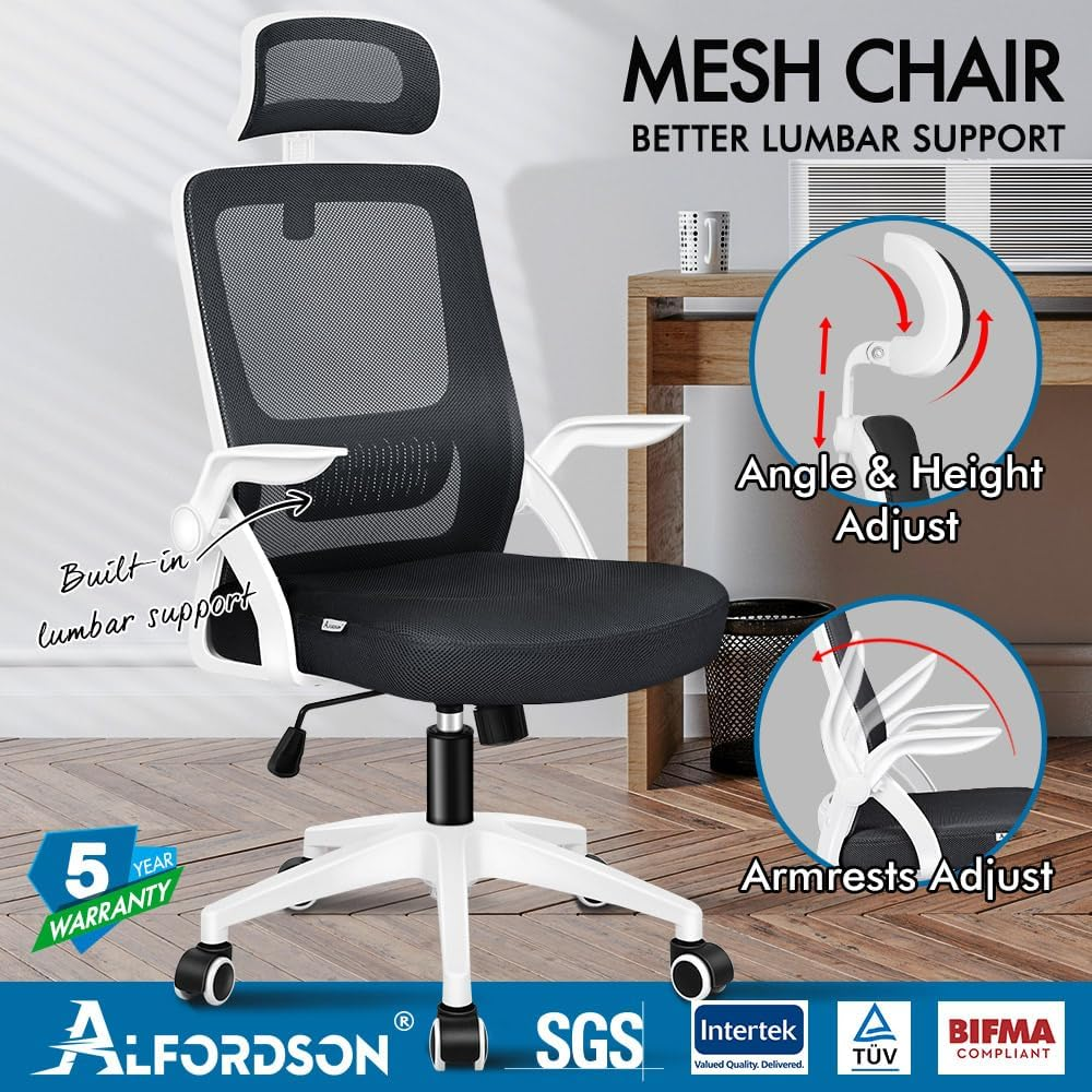 ALFORDSON Office Chair Mesh Computer Chair Swivel Executive Desk Chair with Adjustable Headrest and Armrest Arco Series(White Black) image number 5