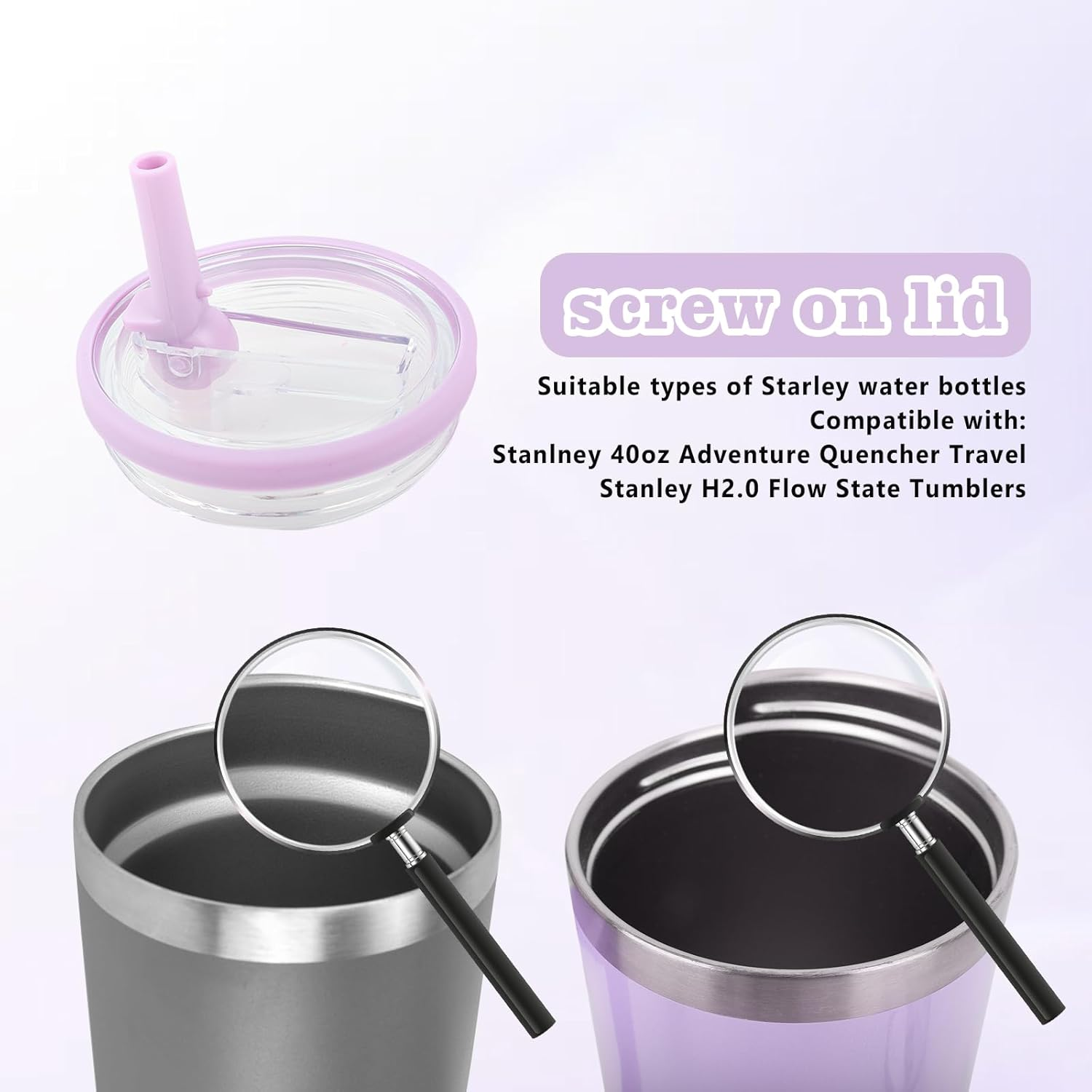 Viiotu 8 Pcs 40 Oz Spill Proof Tumbler Flip Straw Lid Replacement Fit for Stanley Quencher, Reusable Accessories with Straw Cleaner Brush, Silicone Straw for Stanley Cup (Purple) image number 1