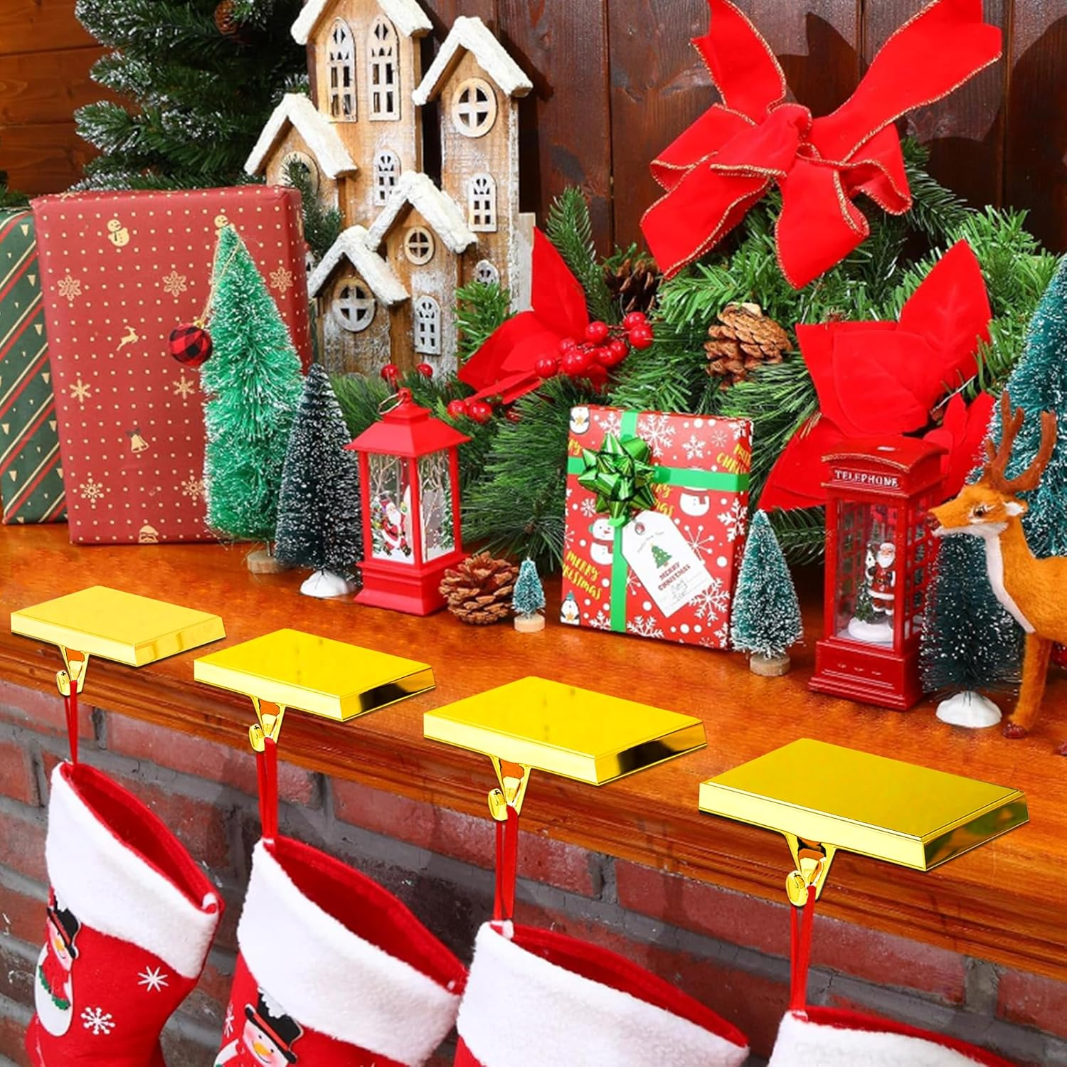 Set of 6 Christmas Stocking Holders for Mantle Christmas Stocking Hanging Hooks Weighted Stocking Holder Bases for Holiday Xmas Fireplace Window Home Table Decor (Gold)