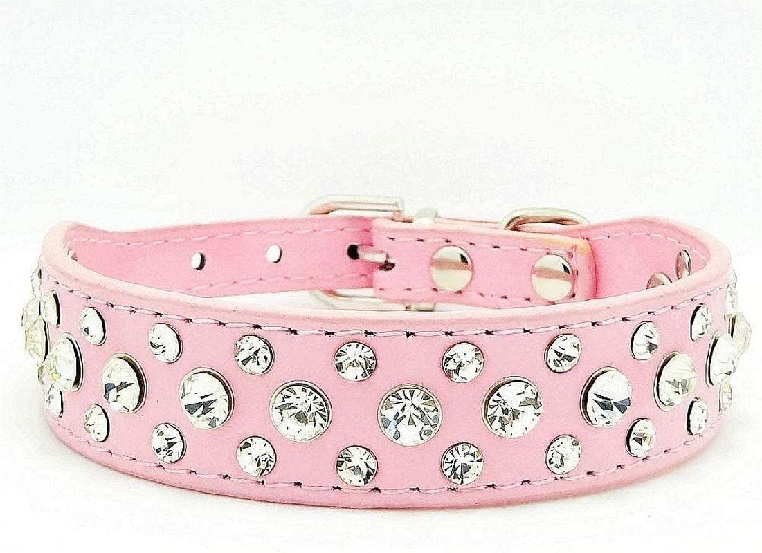 Rhinestone Dog Collar, Bling Rhinestone PU Leather Crystal Diamond Pet Dog Cat Puppy Collar Black S M L XL (S Fit Neck 8-10", Hot Pink)