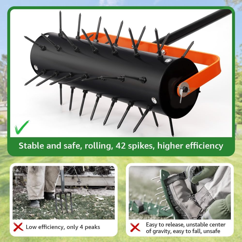 Rolling Lawn Aerator, Heavy Duty Manual Aerator Tool with Spikes, Lawn Spike Aerator Roller with Handle,Filled Sand Stone Soil Lawn Aeration for Maintaining Garden Yard Soil image number 5