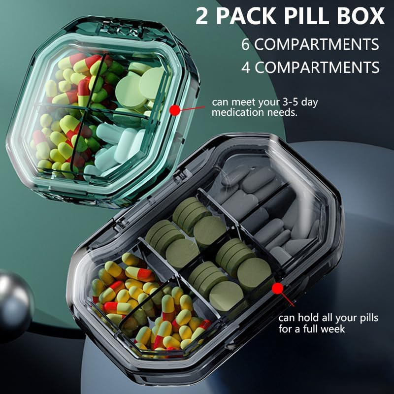 2 Pack Small Pill Box Pill Case Pill Organizer Travel Waterproof Pocket Pill Box Medicine Organizer Daily Pill Container for Purses, Compact Medicine Holder for Vitamins (6+4 Compartment) (Grey)