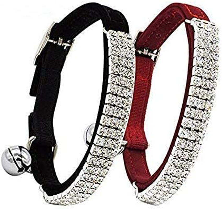 CHUKCHI Soft Velvet Adjustable Cat Collar with Rhinestones and Bell - Pack of 4 - Black, Pink, Red, Black