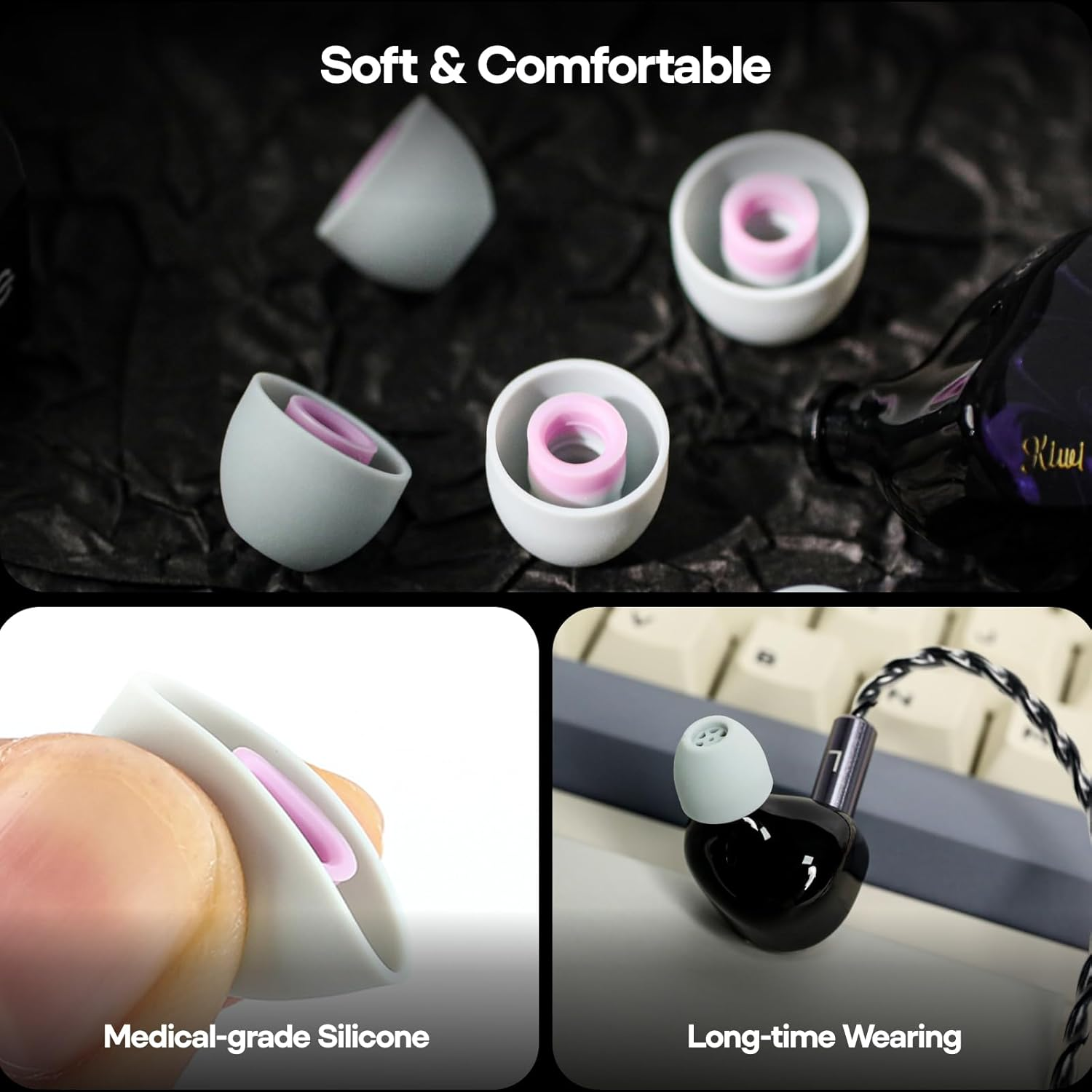 Linsoul Kiwi Ears Flex Earbud Tips, Replacement Silicone IEM Tips, 3 Pairs, S/M/L Size, for KZ ZS10 Pro, Singolo, HBB Hades, Orchestra Lite, Cadenza Wired/Wireless Earphones (Grey) - Black image number 6