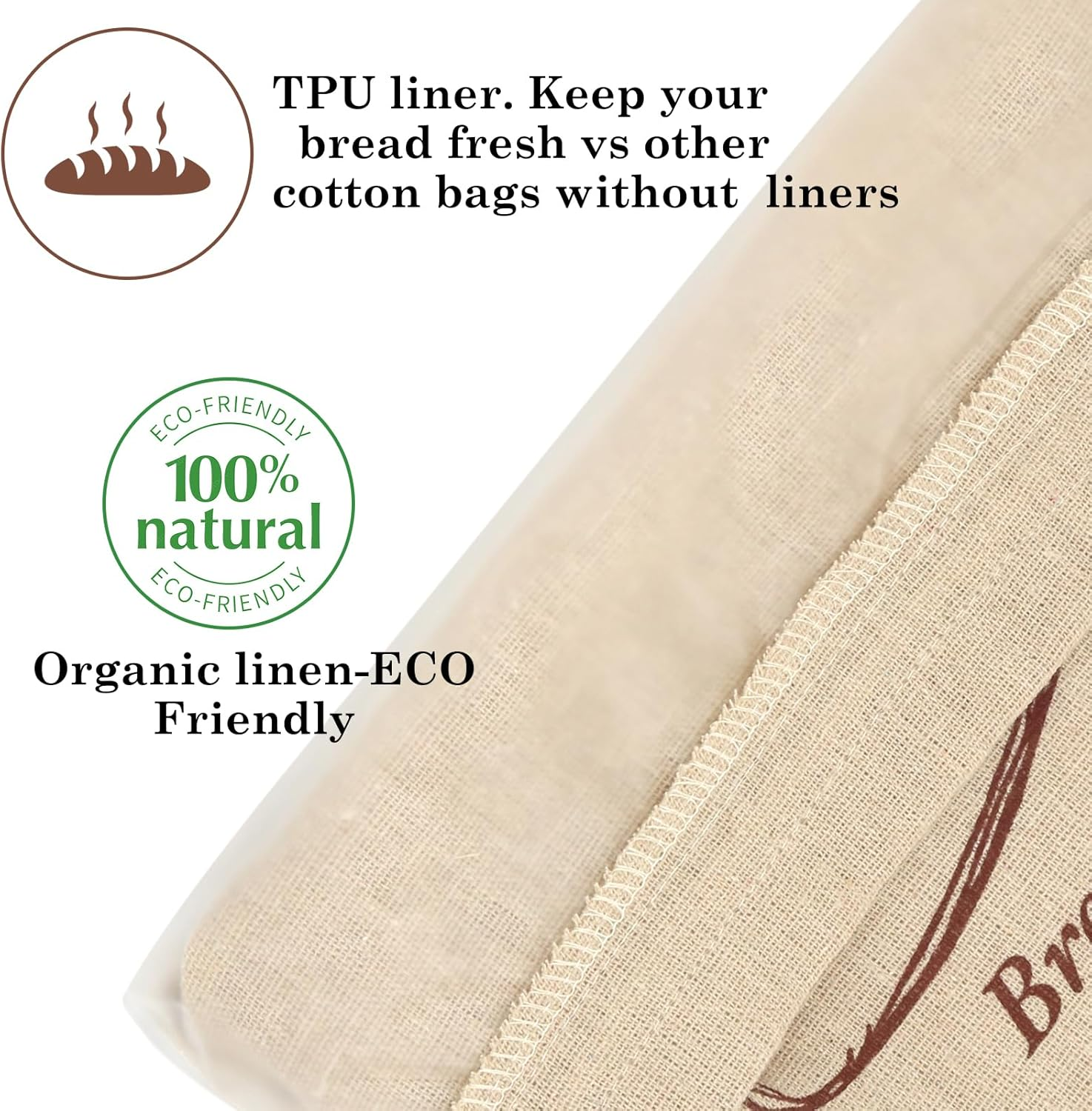 QUYANGCHIFENG 2Pcs Linen Bread Bags for Homemade Bread - Reusable Sourdough Bread Storage with Plastic Inner Lining, Durable Bread Keeper for Fresh Bread, Gifts for Home Bakers - 12"X15" image number 4