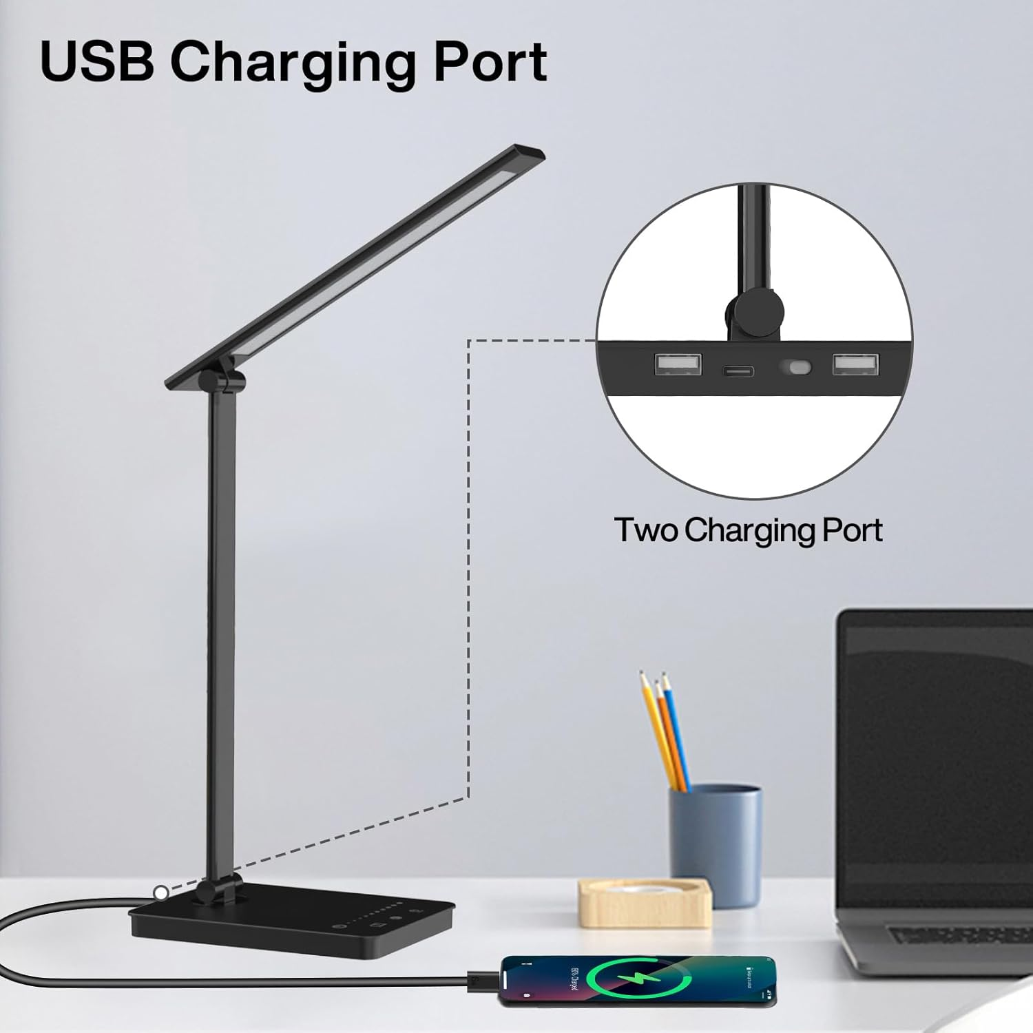 Aluminium Desk Lamp with LED Lighting, LED Desk Lamp with USB Charger Port, Built-In Timer,Foldable Table Lamp USB Plug, Eye Caring Reading Light for Office, Home, Dormitory Black image number 1