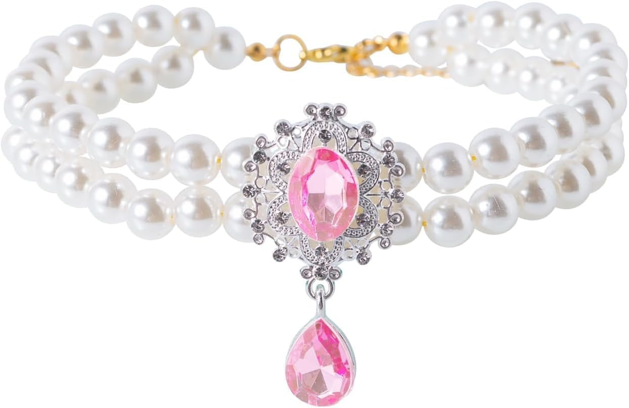 2 Row Pearls Collar for Cats Pearl Dog Collar Rhinestone Necklaces for Small Dogs Collar Accessories Cat Pearl Collar (Pink, M) image number 4