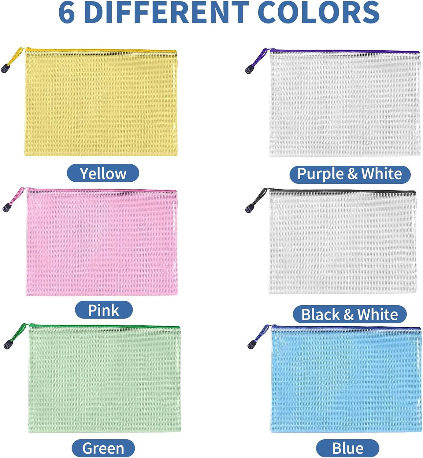SAYEEC 6 Pack Mesh Zipper Pouch, A4 Letter Size Plastic Zipper Bags for Organizing, Waterproof Zip File Folders Document Storage Bags for Travel School Office Home Supplies Organization (6 Colors) image number 5