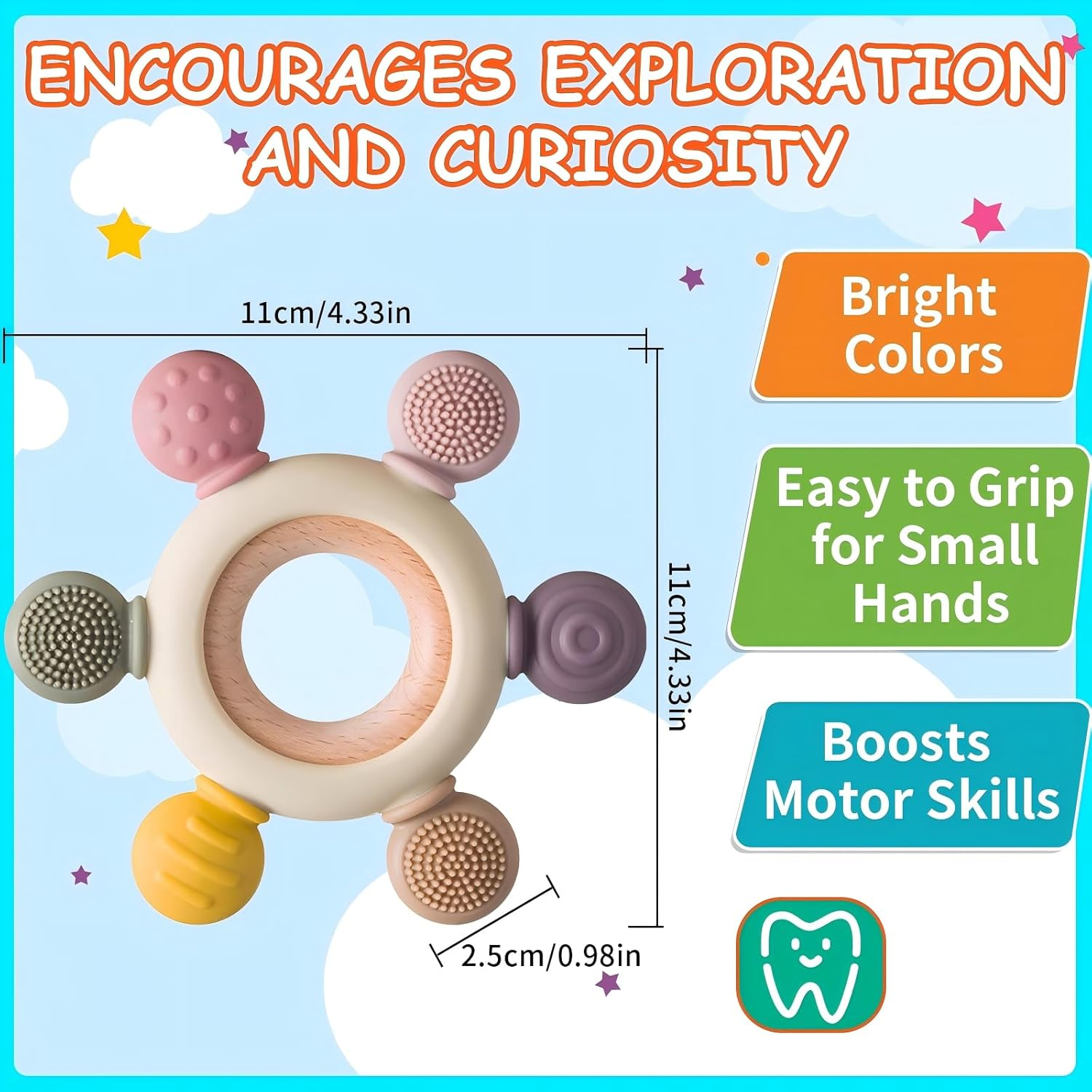 Baby Teething Toys, Silicone Rudder Toy with Wooden Rings for Soothing Teething Pain Relief, Grasping Ring Teething Toy, BPA Free Teething Newborn Accessories, for Lnfants & Toddlers 6+ Months image number 5