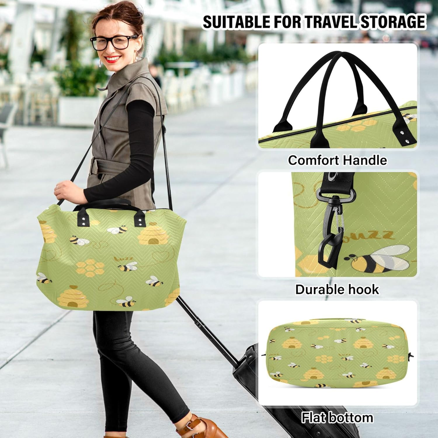 Travel Hand Bag Gym Bag Weekender Duffel Bag with Adjustable Strap for Trip Foldable Bee Happy Good Luck Sweet Honey Pattern Hive, Multi, 1 Size, Modern/Fitted, Multi, 1 Size, Modern/Fitted image number 2