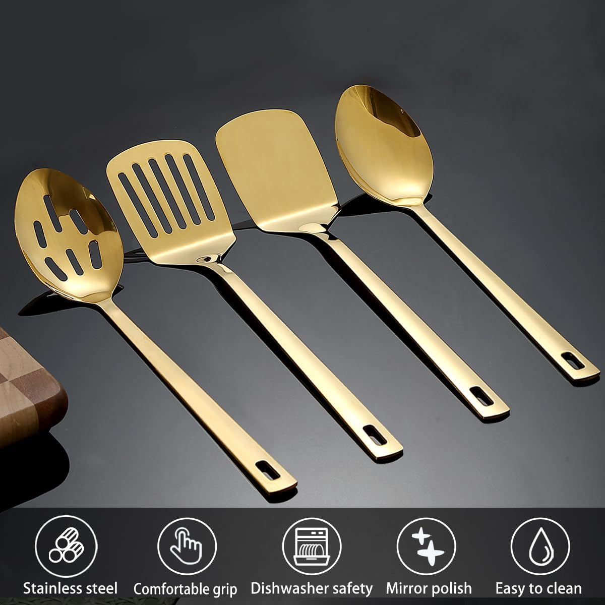 HOMQUEN Gold Kitchenware Set 4Pcs, Titanium Gold Plating Stainless Steel Cookware Set, Kitchen Tools Spatulas Set, Cooking Spoons, Home Essentials Kitchen Gadgets Accessories - 2.Gold image number 5