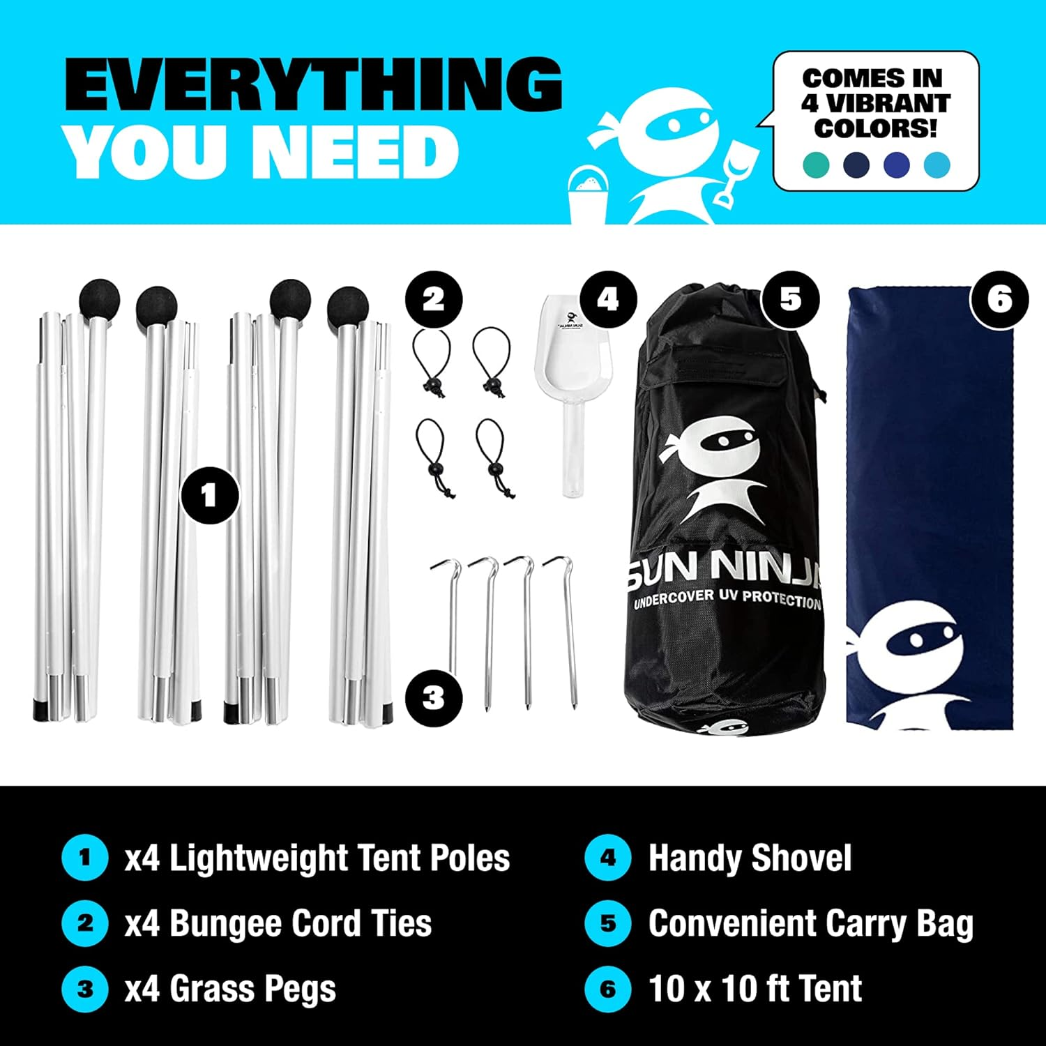 SUN NINJA Pop up Beach Tent Sun Shelter UPF50+ with Sand Shovel, Ground Pegs,And Stability Poles, Outdoor Shade for Camping Trips, Fishing, Backyard Fun or Picnics (10X10Ft 4 Pole, Navy) image number 3