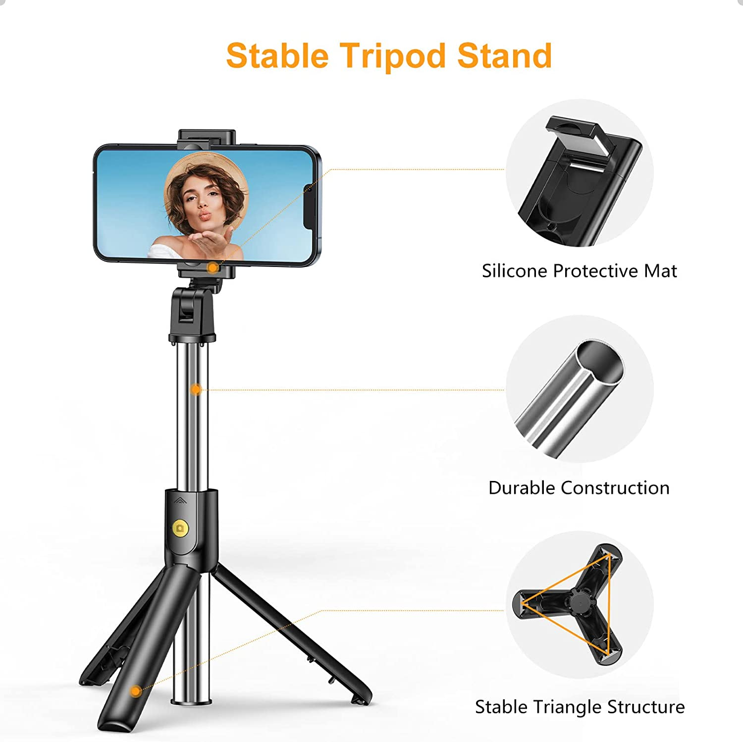Gritin Selfie Stick Tripod, 3 in 1 Bluetooth Selfie Stick with Detachable Wireless Remote & Stable Tripod Stand, Extendable and Portable Selfie Stick Compatible With/Galaxy, Etc. image number 4