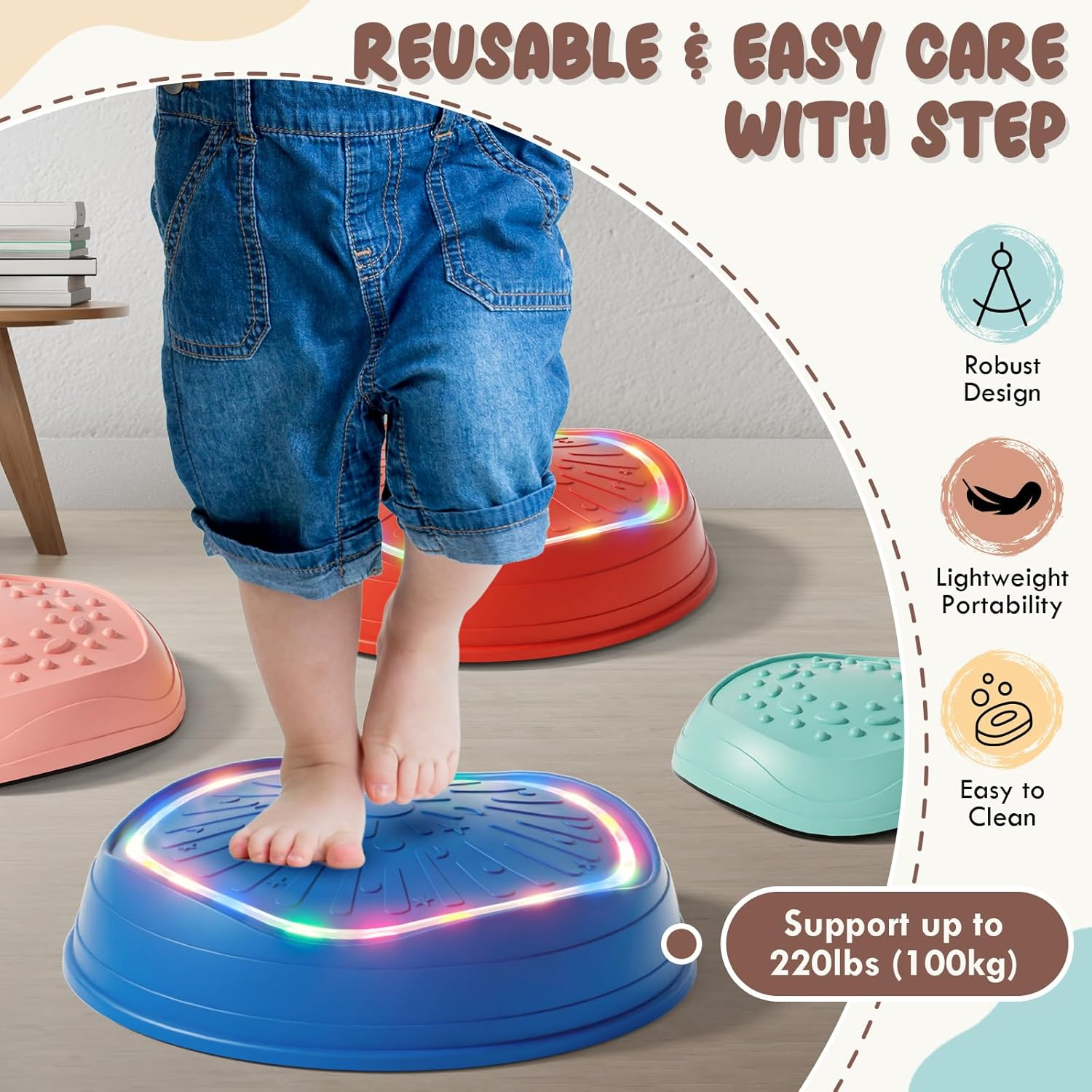 Lehoo Castle Stepping Stones for Kids, Light-Up Stepping Stones, Sensory Toys Balance Board, Indoor & Outdoor Balance Step Stone up to 200Lbs Obstacle Course, Toddler Toys for Ages 2-5 image number 1