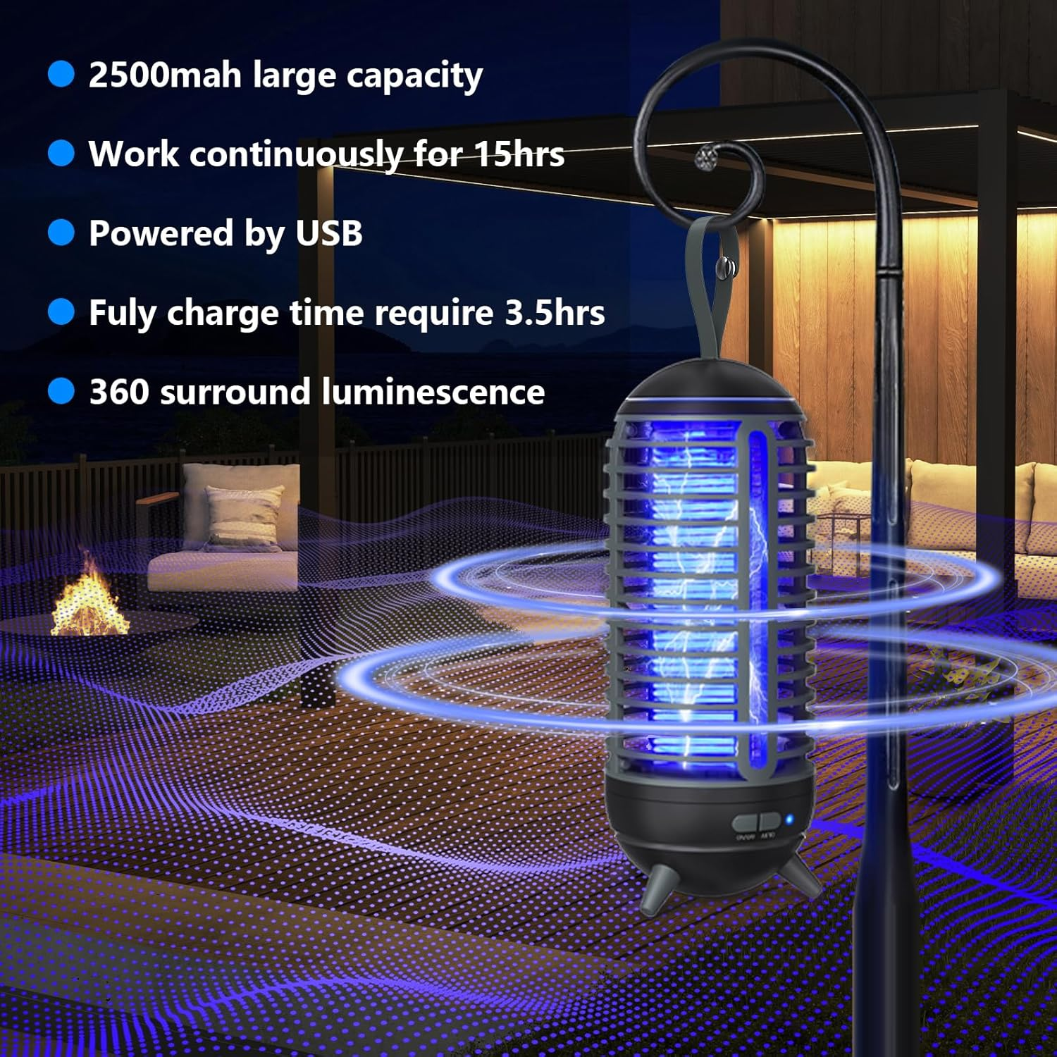 Bug Zapper Outdoor Rechargeable 2 in 1 Wireless Mosquito Killer Lamp 2500Mah Bug Zapper Electric Trap Ideal Bug Zapper Indoor for Patio, Home, Backyard, Yard, Garden, Campsite (Black) - Black image number 5