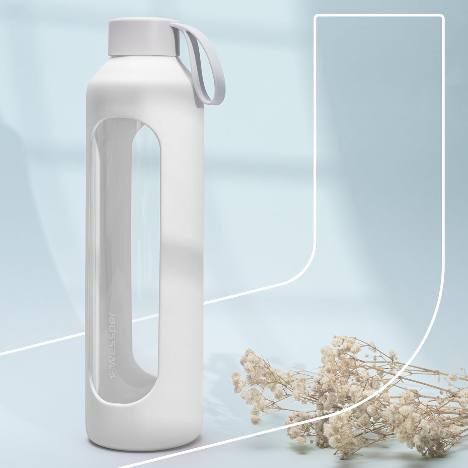 Wessper Glass Drinking Bottle, 1 Litre with Time Markings, Bpa-Free Drinking Motivation, Borosilicate Water Bottle, Airtight Glass Bottle with Bamboo Lid, Reusable, with Silicone Case, White - Gray image number 6