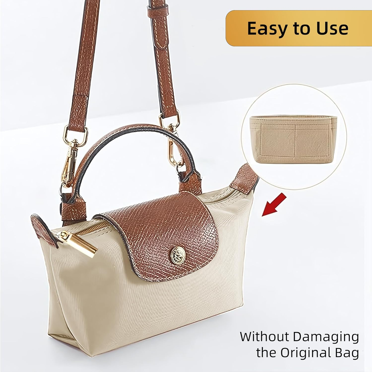 Bag Organiser Insert for Longchamp Mini Bag &ndash; Felt Purse Organiser with Multi-Pockets for Small Tote/Handbag &ndash; Keep Neat Tidy (Beige, 16X8X5Cm) (Beige)