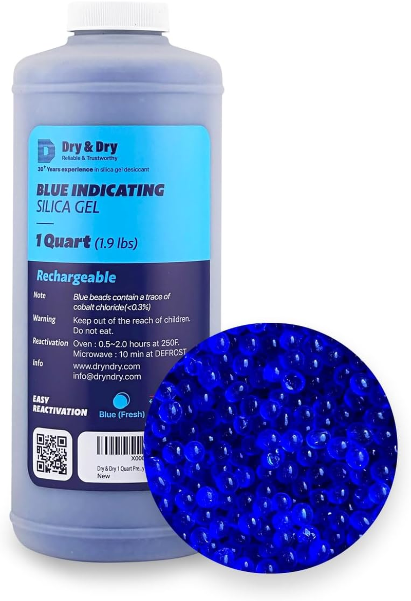 Dry & Dry 1 Quart Premium Blue Indicating Silica Gel Beads in round Bottle with Air Tight Cap(Industry Standard) - Reusable image number 1