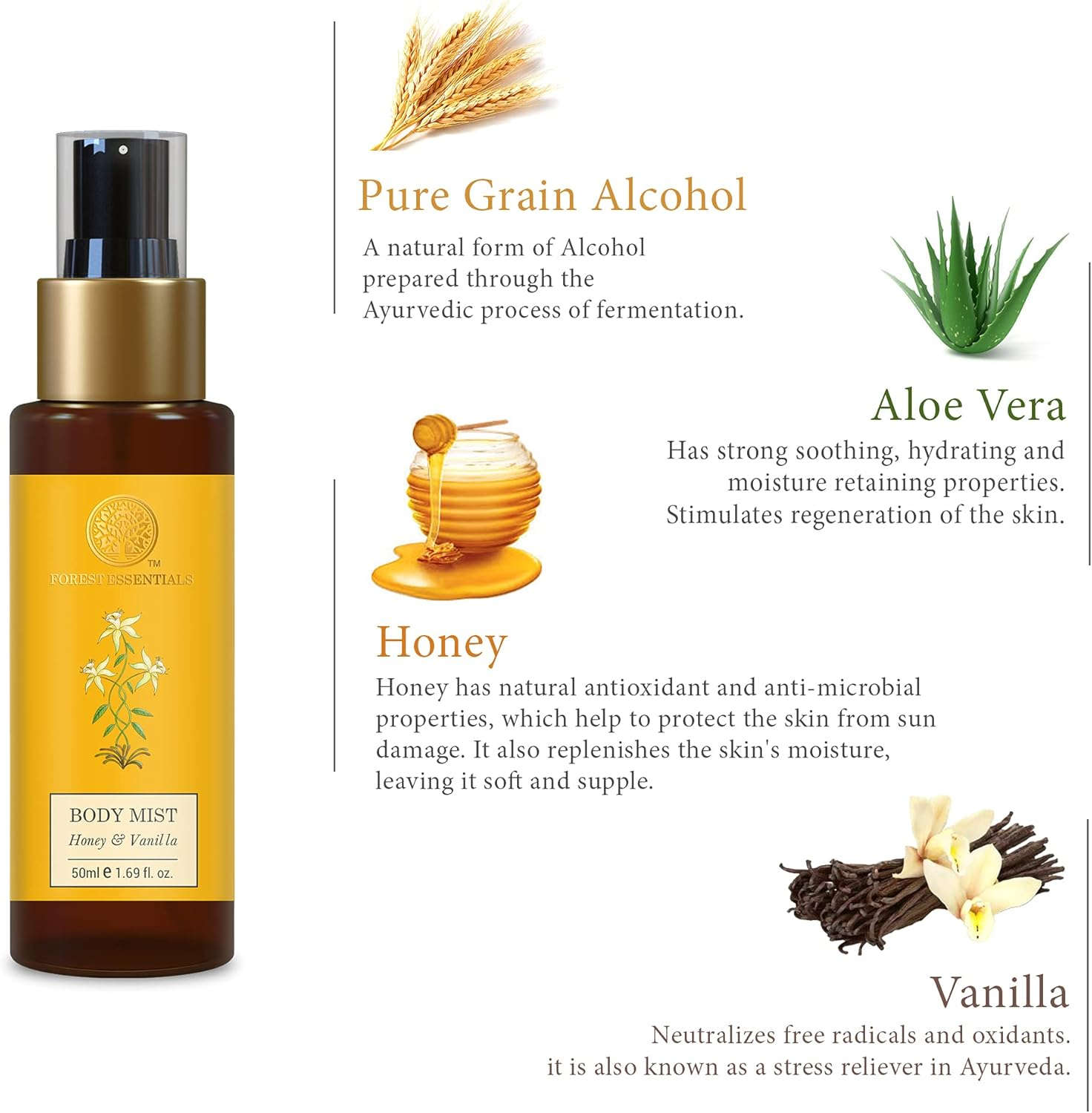 Forest Essentials Travel Size Body Mist Honey & Vanilla | Natural & Hydrating Body Spray for Men & Women | Luxury Floral and Oriental Fragrance | 50 Ml image number 5