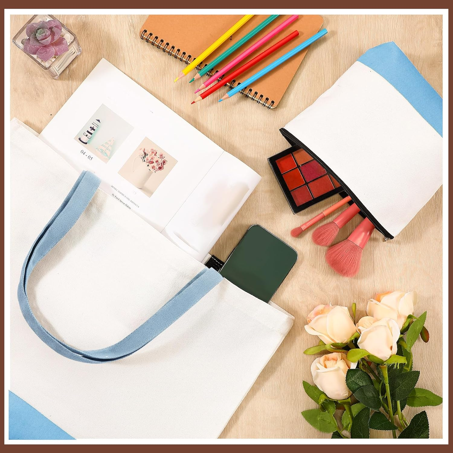 Sanwuta 40 Pcs Large Blank Canvas Tote Bags and Makeup Bags Blank Reusable Grocery Luggage Canvas Tote with Handles (Ultimate Color Bundle)