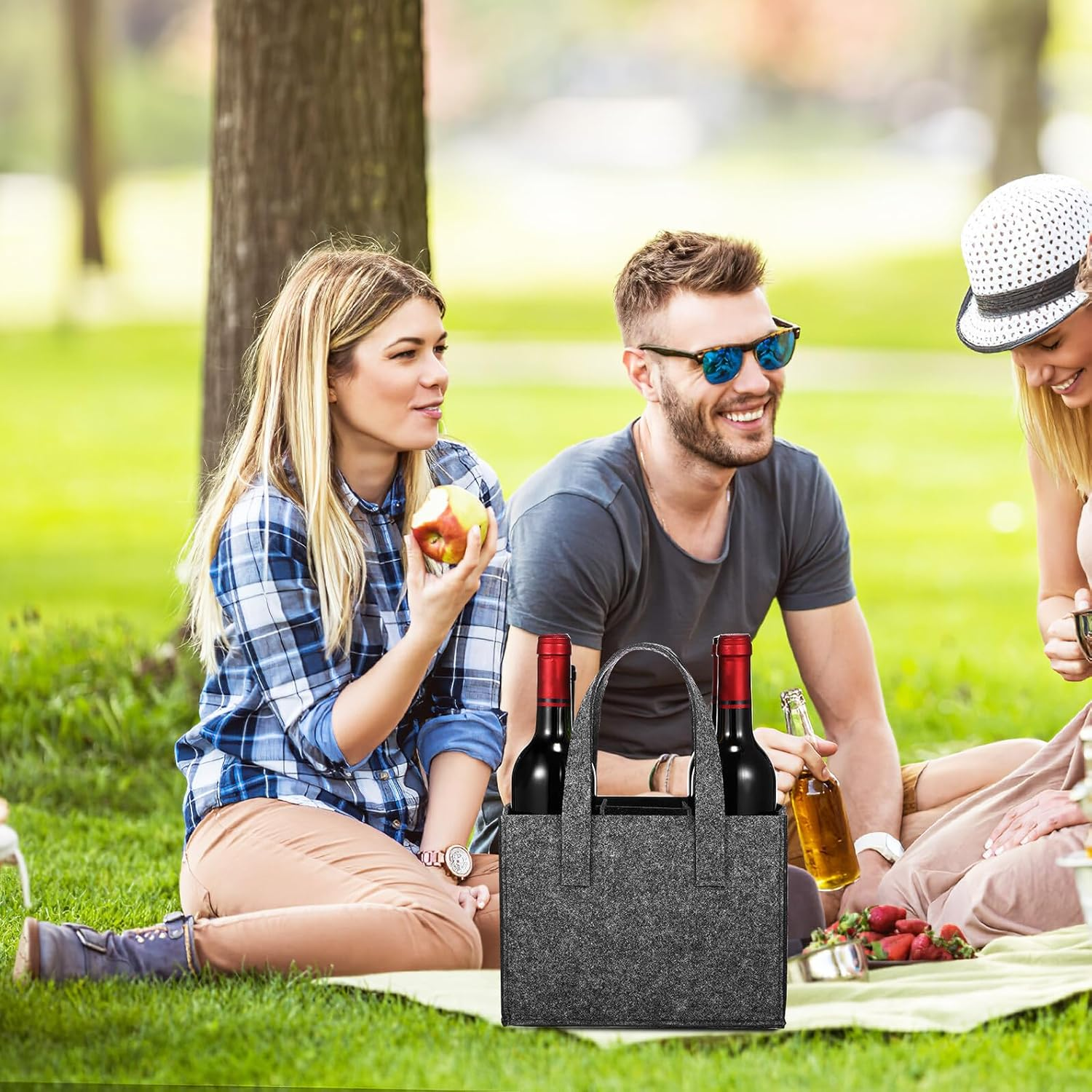 TOPPERFUN Felt Bottle Carrier Wine Handbag 6-Bottle Tote Bag 24X16X16Cm Thick Felt Material Portable Wine Storage Carrier for Travel Picnic Camping 4Pcs image number 2