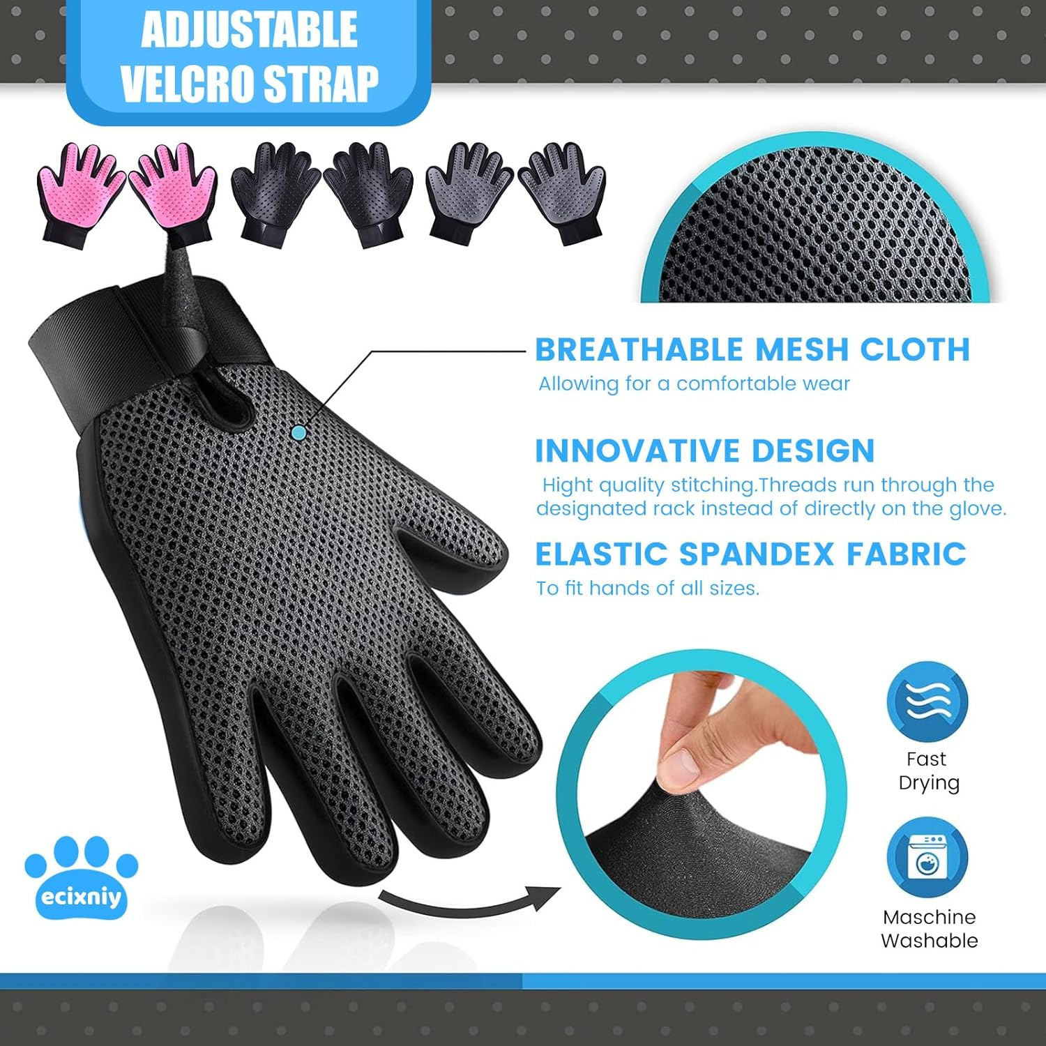 【Ecixniy】Pet Grooming Gloves,One Pair Gentle BPA Free Dog Washing Glove,Pet Hair Remover,Cat Brush Fur Removal Groomer for All Pet Hair Removal Needs-For a Clean Home & Happy Fur Babies.（1Pair Blue） image number 4
