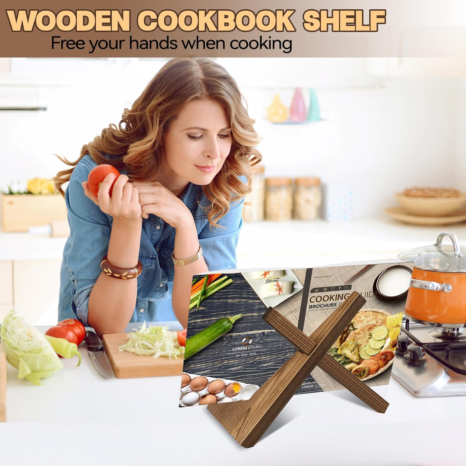 Cookbook Stand Wooden Cookbook Holder Solid Wood Recipe Book Holder Farmhouse Cook Book Stand Rustic Display Stand Kitchen Counter Decor for Cooking Reading Hands-Free Tablet image number 2
