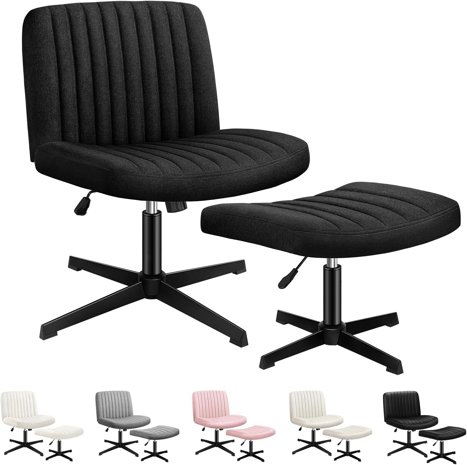 ALFORDSON Armless Criss-Cross Desk Chair with Ottoman Stool, Ergonomic Cross Leg Office Chair with Channel-Tufted Mid-Back Design, Tilt & Height Adjust and Swivel, 180Kg Max, Xavi PU Leather Black