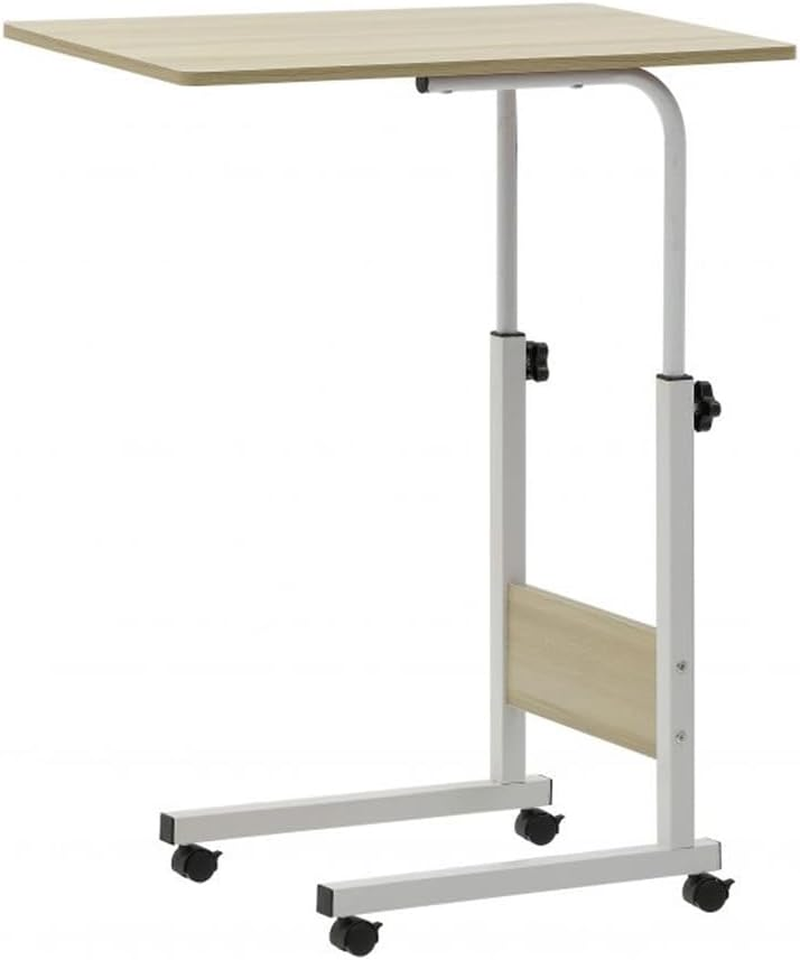 Side Table, C Shaped Table with Wheels, Industrial Side Table for Living Room Bedroom, Adjustable Height, Mobile Computer Desk Laptop Table for Home Use (Light Walnut)