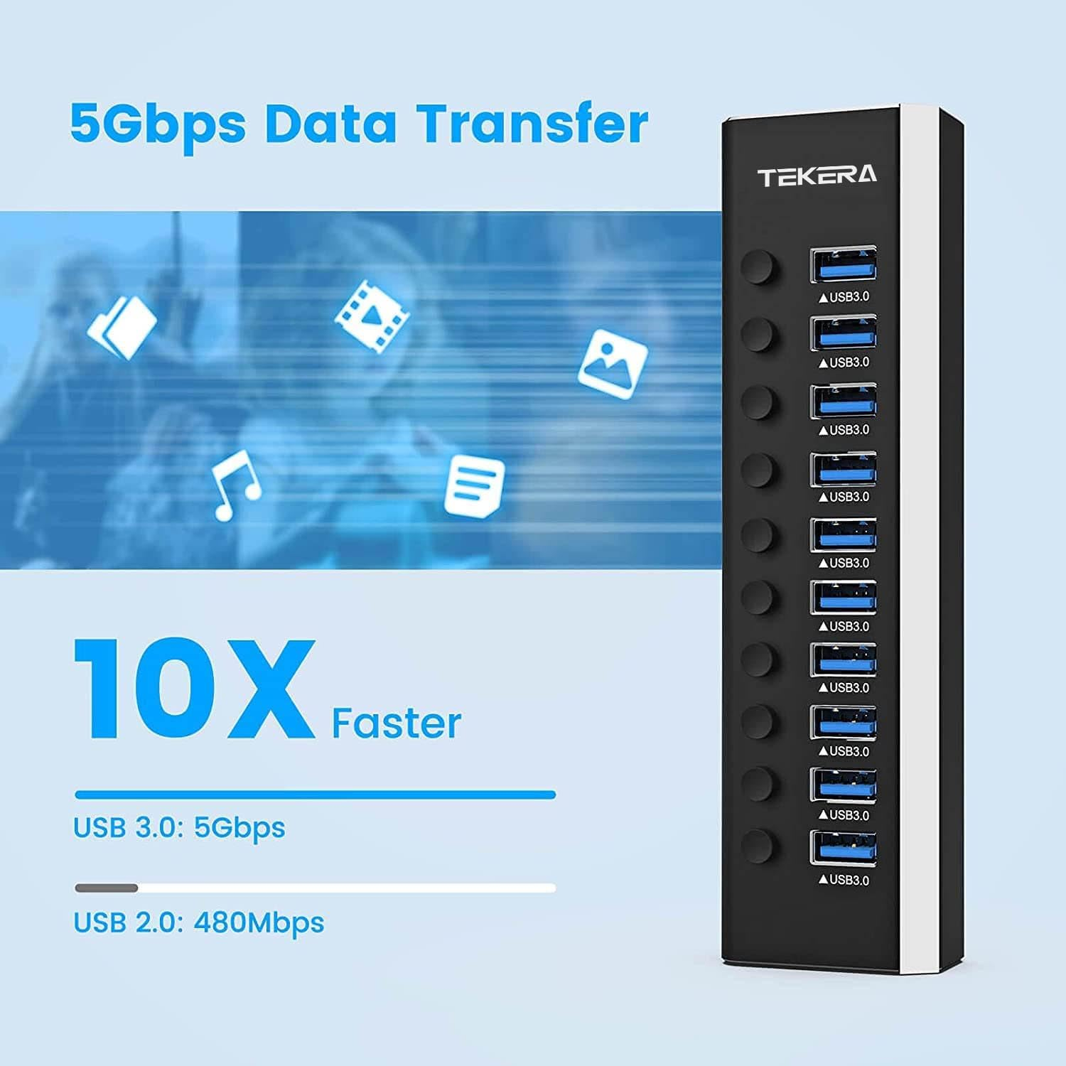 Powered USB Hub, TEKERA 10 Port USB 3.0/USB C Hub Aluminum USB Port Expander with 2-In-1 USB Cable, 5V Power Adapter and Individual Switches, USB Hub 3.0 Splitter for Laptop and PC image number 5
