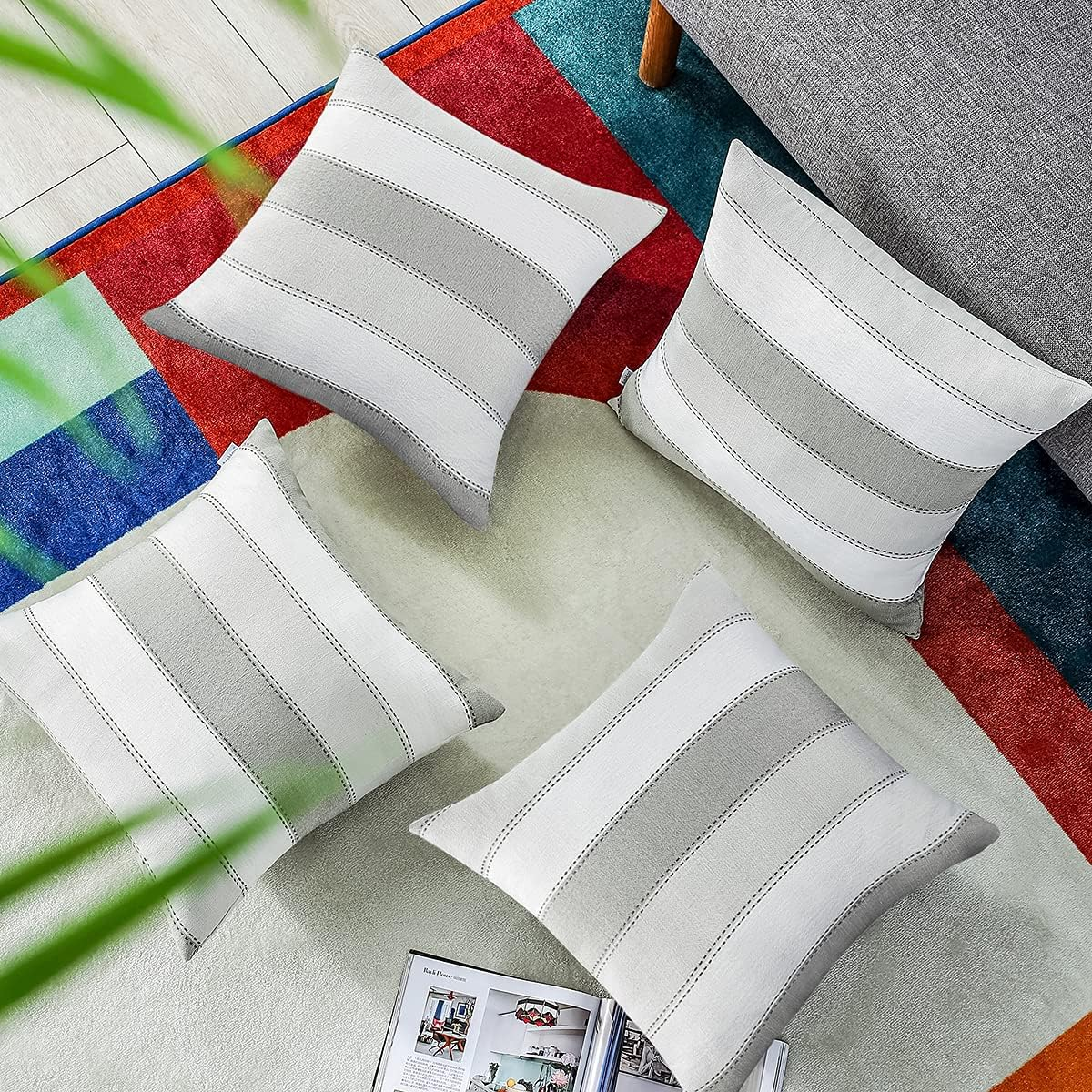 Amhoo Pack of 2 Farmhouse Stripe Check Throw Pillow Covers Set Case Cotton Linen Decorative Pillowcases Cushion Cover for Couch Bench Sofa 18X18Inch Light Grey Beige image number 4