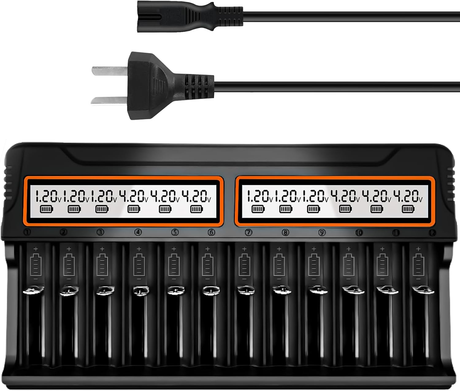 12 Bay AA AAA Battery Charger for Nimh Nicd Rechargeable Batteries, Smart Universal Charger with LCD Display and AC Charging Plug, Independent Slot image number 4