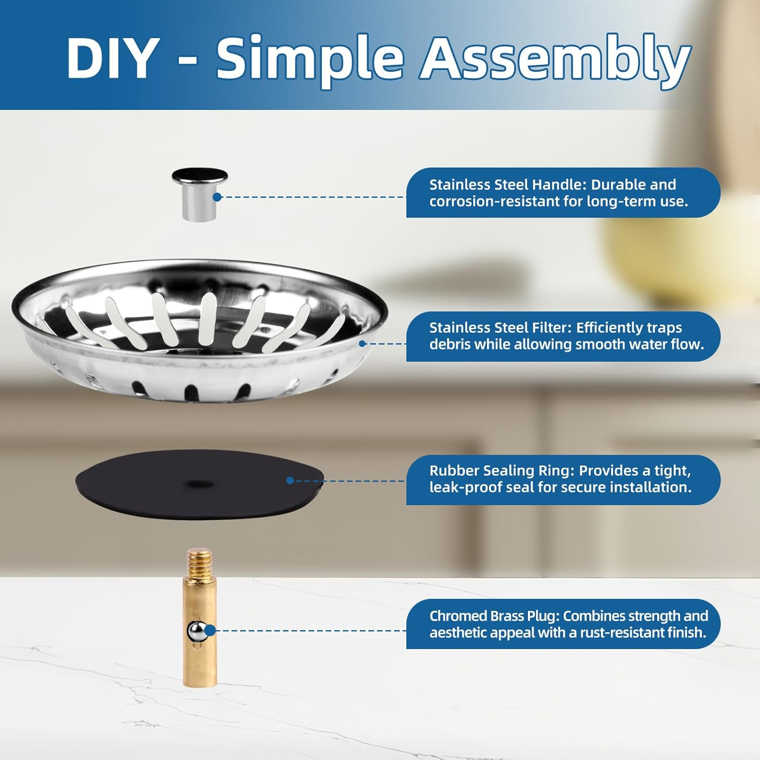 Sink Strainer Plug 304 Stainless Steel, Kitchen Waste Sink Plugger with Rubber Basket Filter & 20 Large Holes, Drain Filter Stopper Combo for Kitchen Bathroom Indoor Outdoor Use (2 Pcs, 82Mm) image number 5