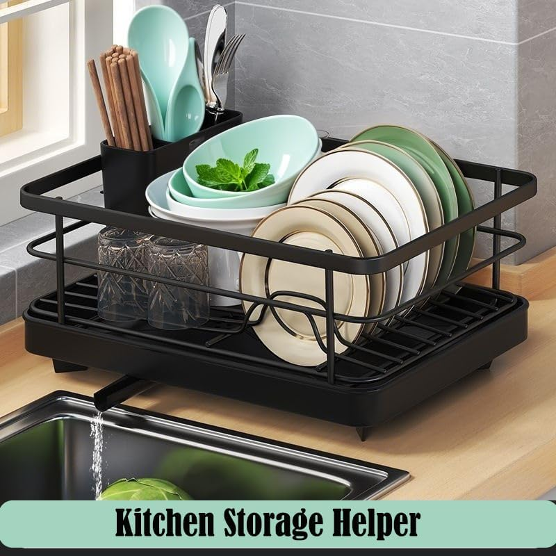 Dish Drying Rack- Space-Saving Dish Rack, Dish Drainers for Kitchen Counter, Stainless Steel Kitchen Drying Rack with a Cutlery Holder, 29.0 X 38.1 X 12.7 Cm, Black image number 1