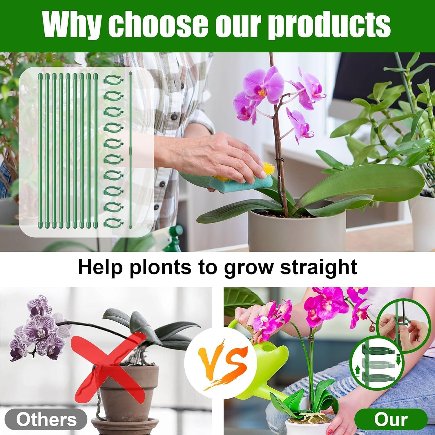 Plant Support Stakes, 10 Pcs 12Inch Adjustable Plant Support Sticks with Rings and Connectors, Garden Single Stem Plant Stake for Potted, Tomato, Rose, Vegetable