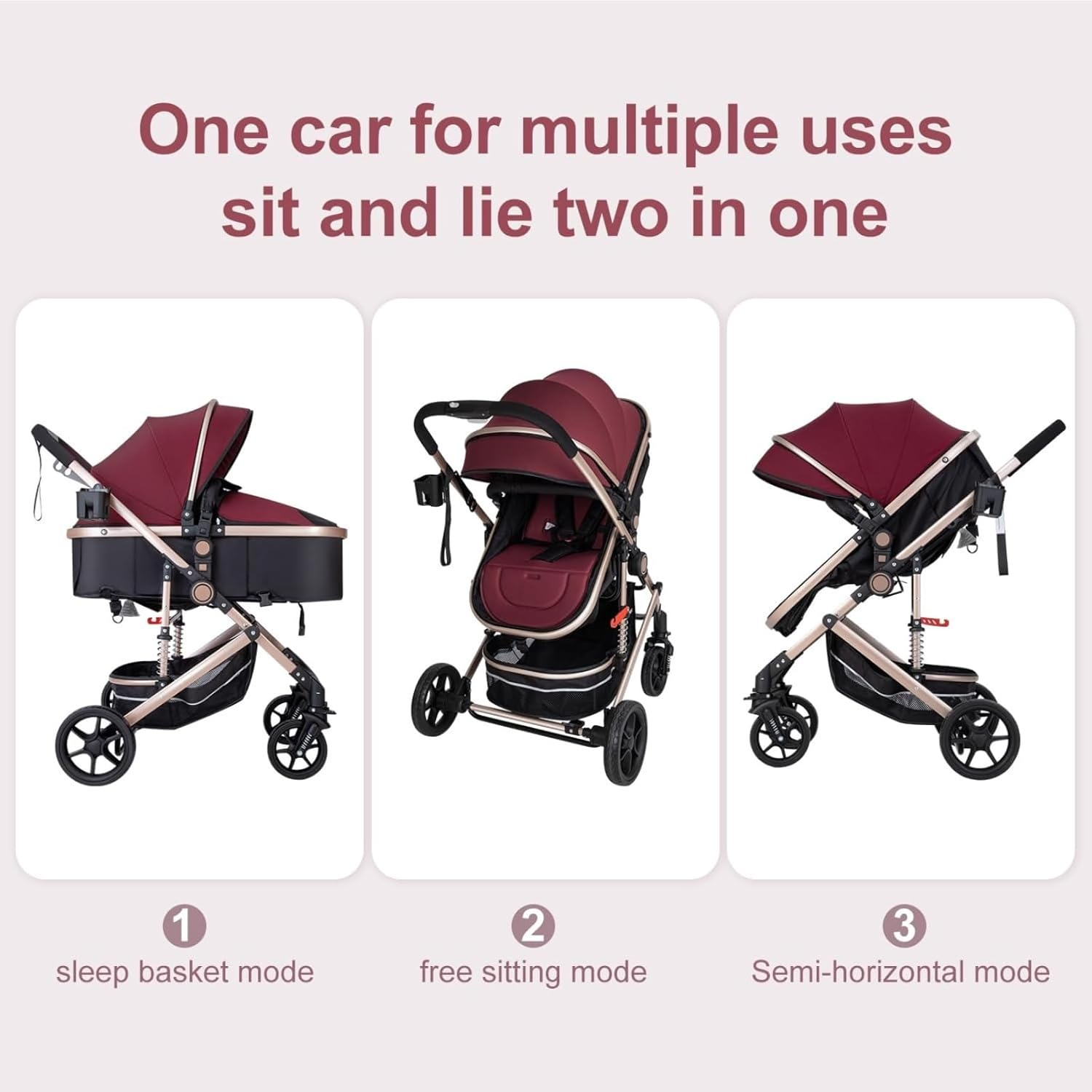 3-In-1 Baby Stroller Pram & Bassinet | Travel Pram with Shock Absorption, Reversible Seat & One-Hand Fold | High View, 5-Point Harness & 50KG Capacity | Wine Red Canopy with UPF 50+ image number 2