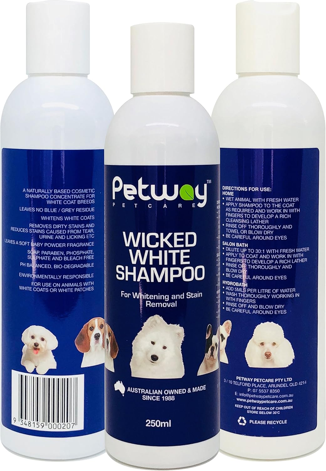 Petway Petcare Wicked White Whitening and Stain Removal Shampoo for Dogs with White Coat, Deep Cleanse to the Coat and Skin, Free of Phosphates and Parabens, Ph Balanced, Dog Shampoo Removes Stains, Dirt and Odor, 250Ml