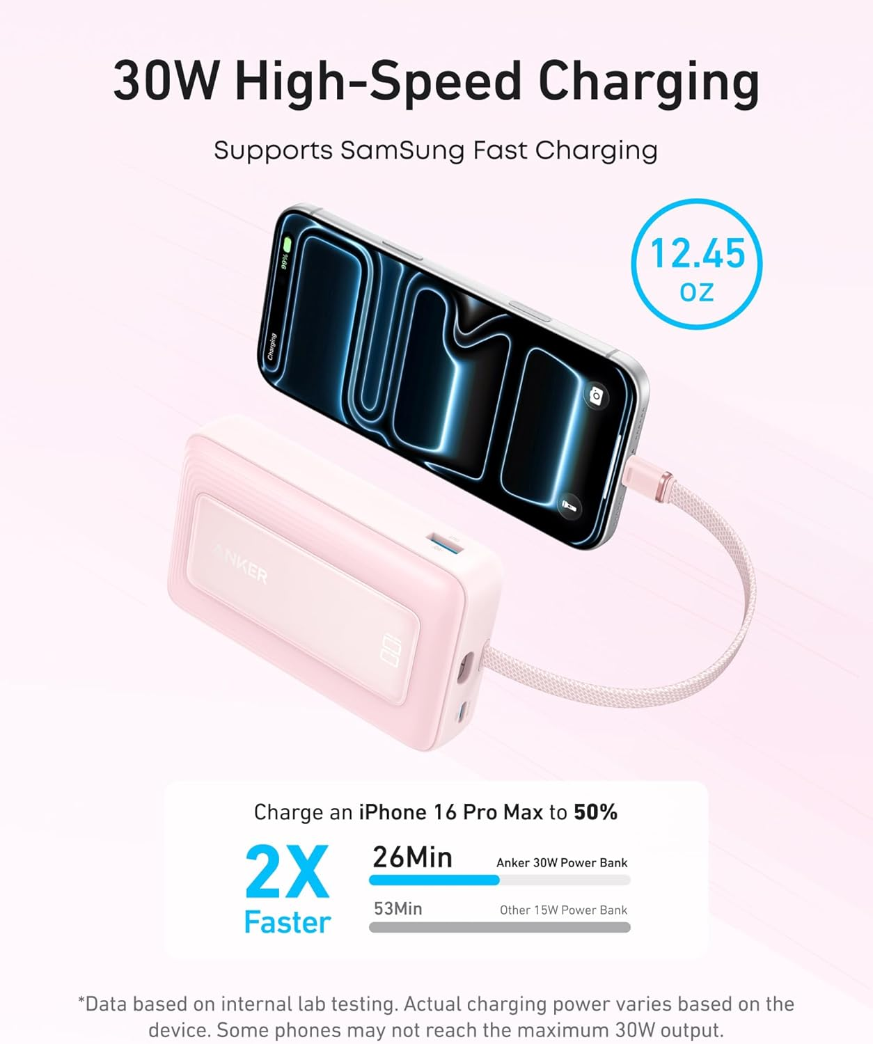 Anker Zolo Power Bank, 20,000Mah 30W High-Speed Portable Charger with Built-In USB-C Cable, 1 USB-C, 1 USB-A, Battery Pack for Iphone 17/16/15 Series, Macbook, Galaxy, and More (Pink) - Blue image number 6