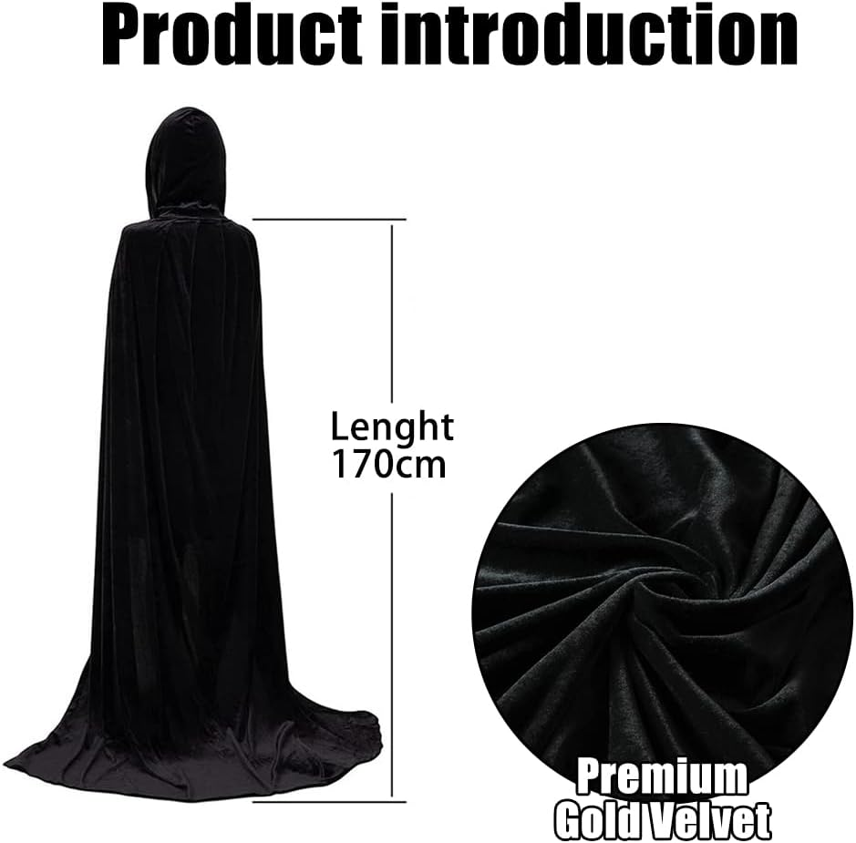 Halloween Cloak Full Length Hooded Velvet Witch Full Length Hooded Cloak for Halloween,Cosplay Costume Party, Cape Disguises image number 4